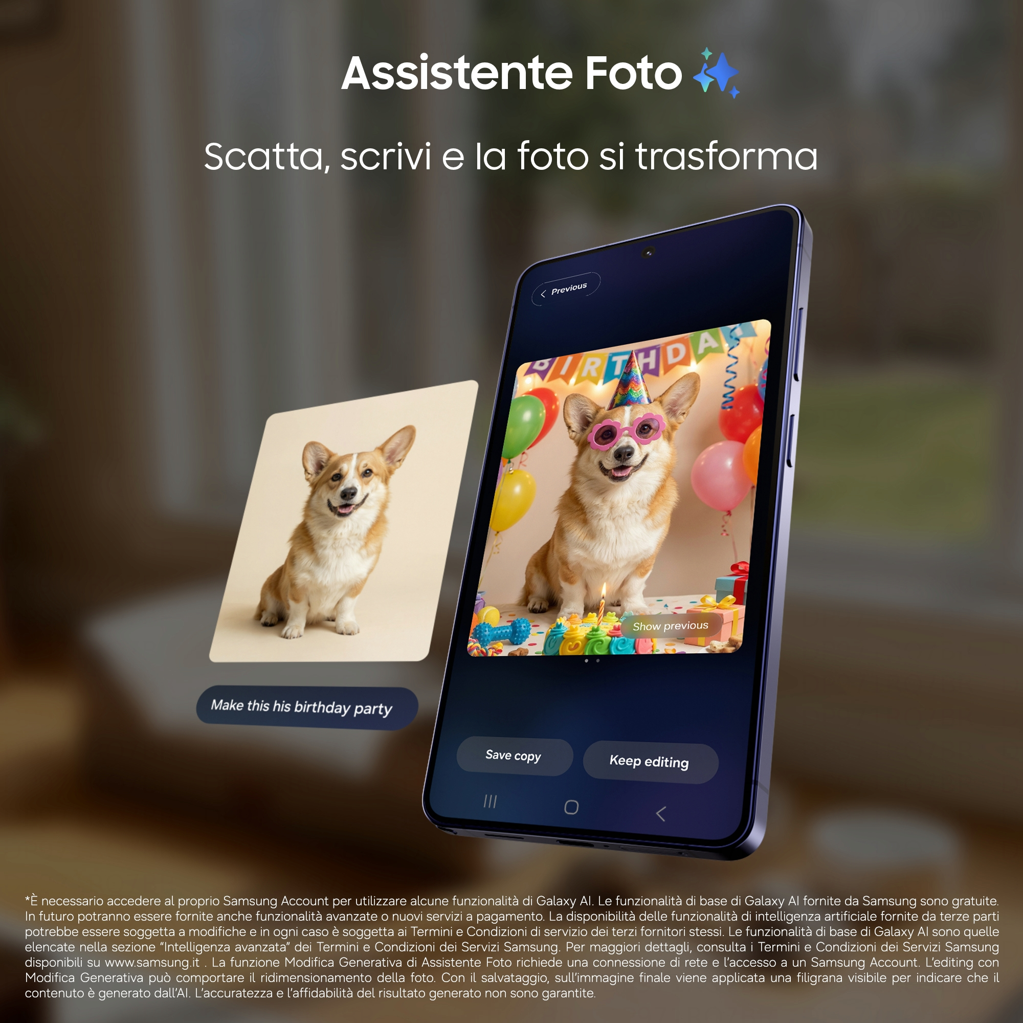 Corgi w czapce i okularach imprezowych obok prezentów, tuż przy innym corgi.