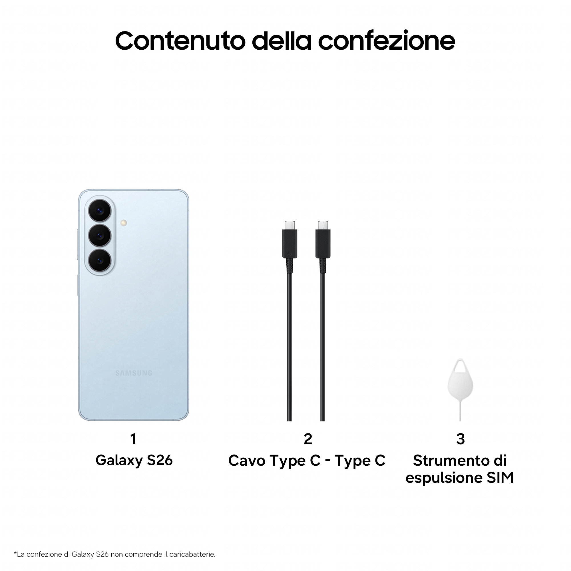 Ein hellblaues Galaxy S26, zwei schwarze USB-C-Kabel und ein SIM-Werkzeug.