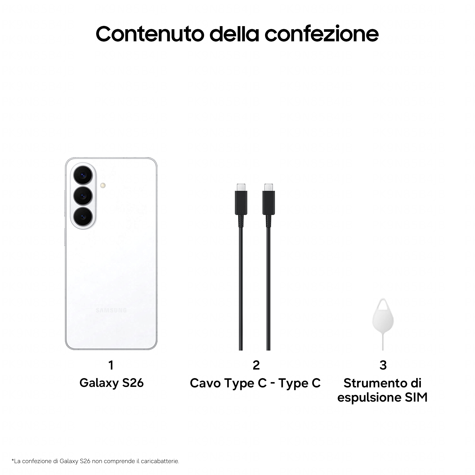 Weißes Galaxy S26, zwei schwarze USB-C-Kabel, SIM-Werkzeug.
