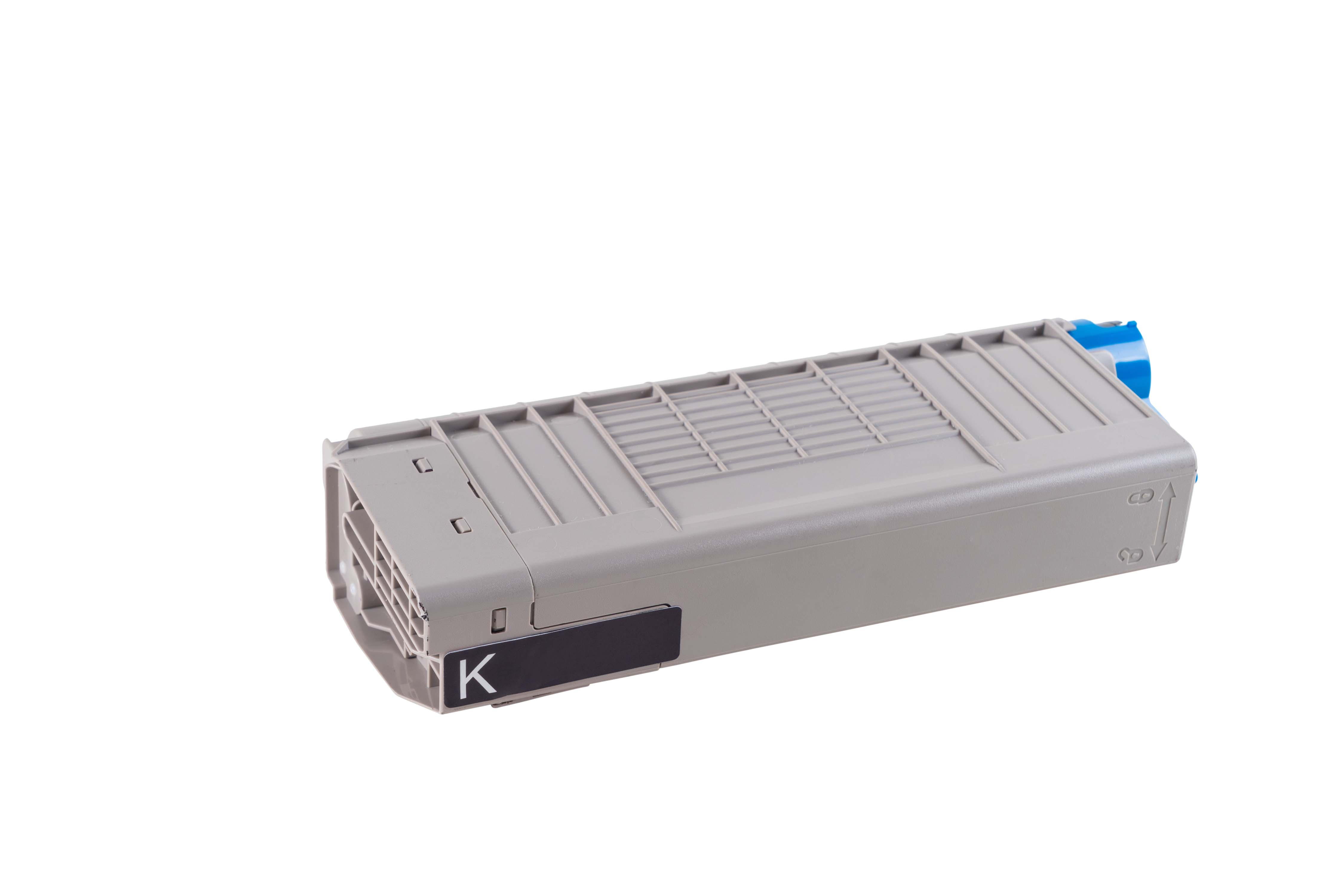 Cartuccia toner grigia con etichetta nera 'K' e connettore blu.