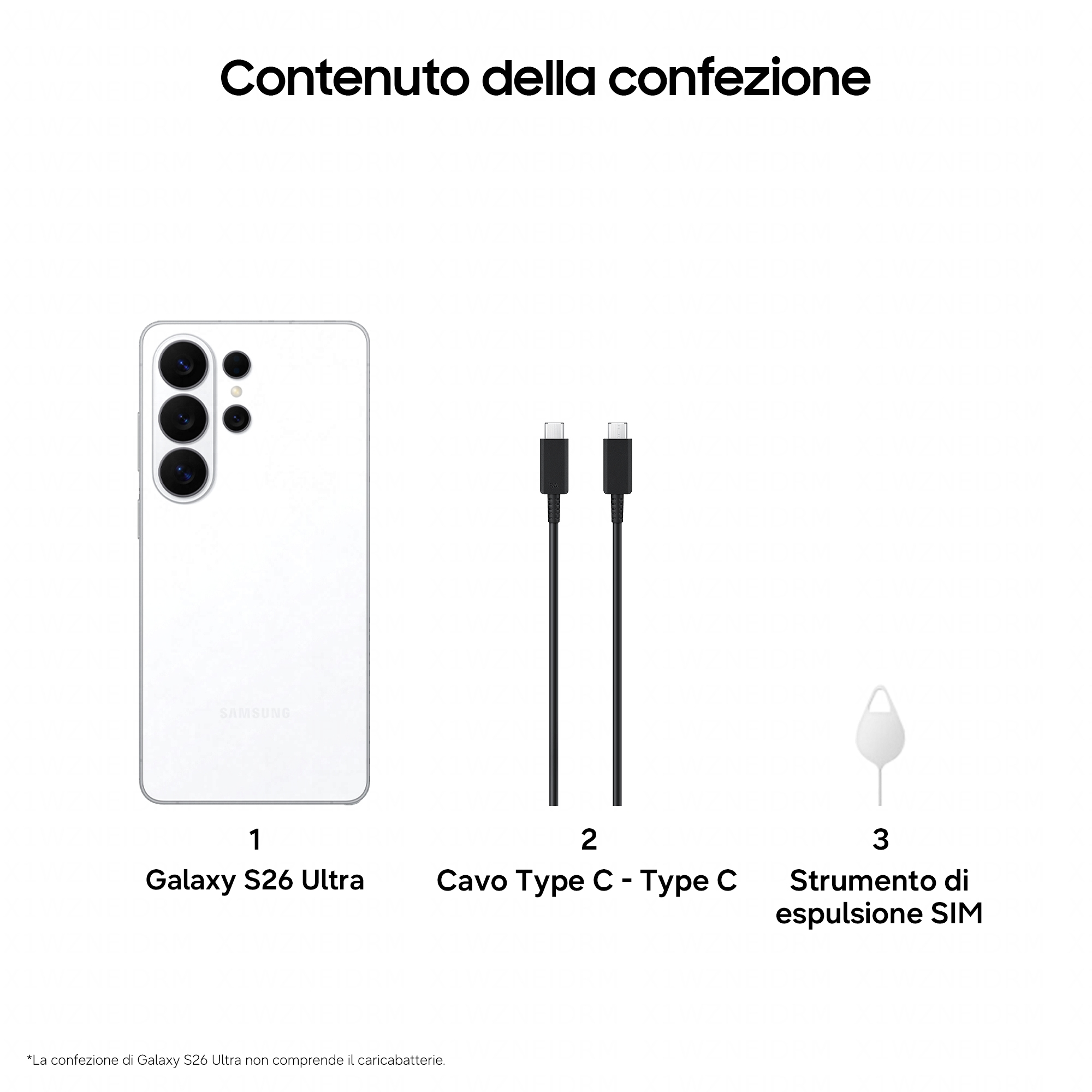 Zawartość opakowania: Biały Galaxy S26 Ultra, kabel USB-C, narzędzie do SIM.