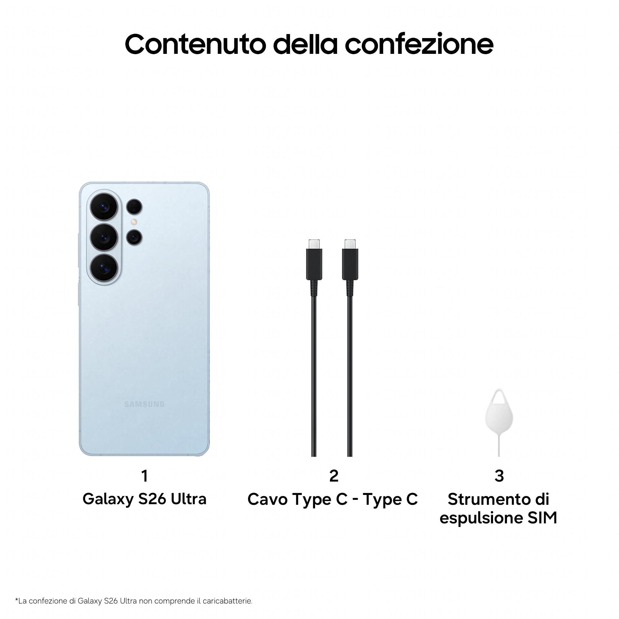 Jasnoniebieski Samsung Galaxy S26 Ultra, dwa kable USB-C i narzędzie do SIM.