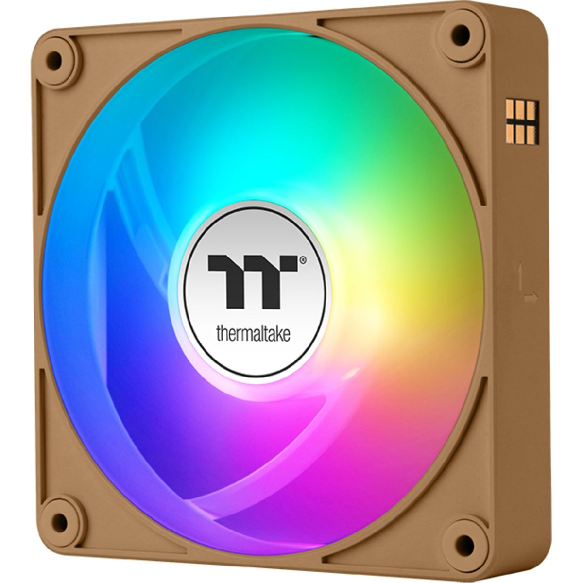 Un ventilador de computadora marrón con iluminación RGB y el logo de Thermaltake.