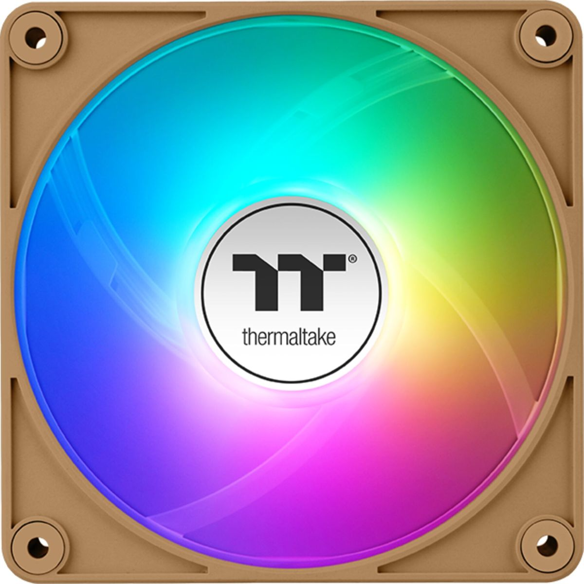 Ventilador de PC marrón con colores RGB vibrantes y el logo de Thermaltake.