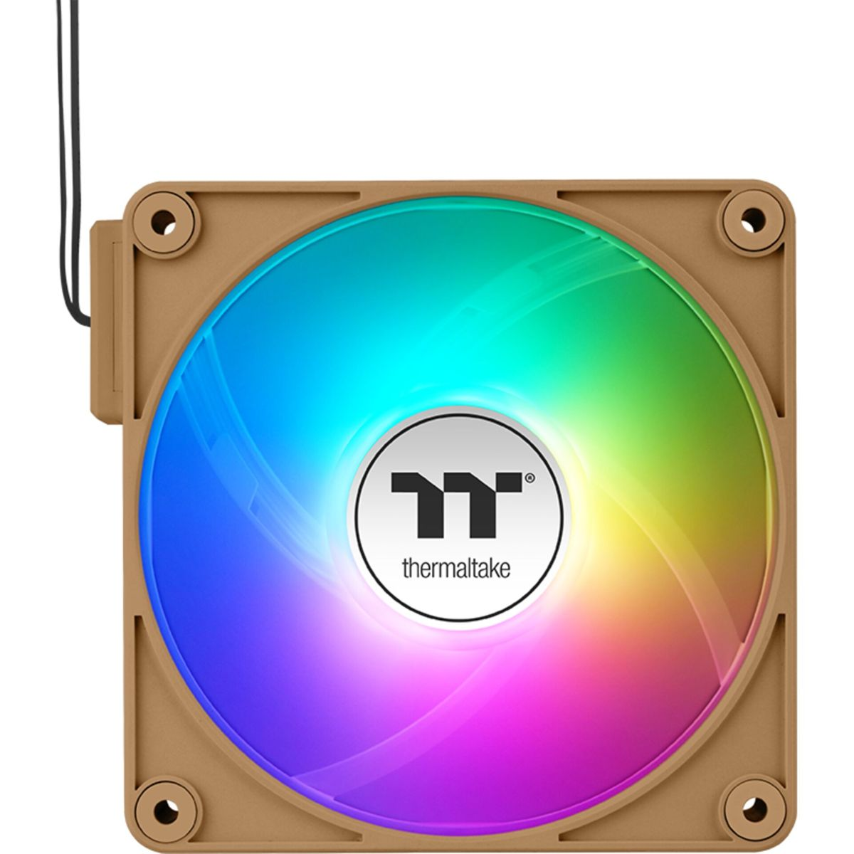 Un ventilador de PC marrón con iluminación RGB y el logo de Thermaltake.