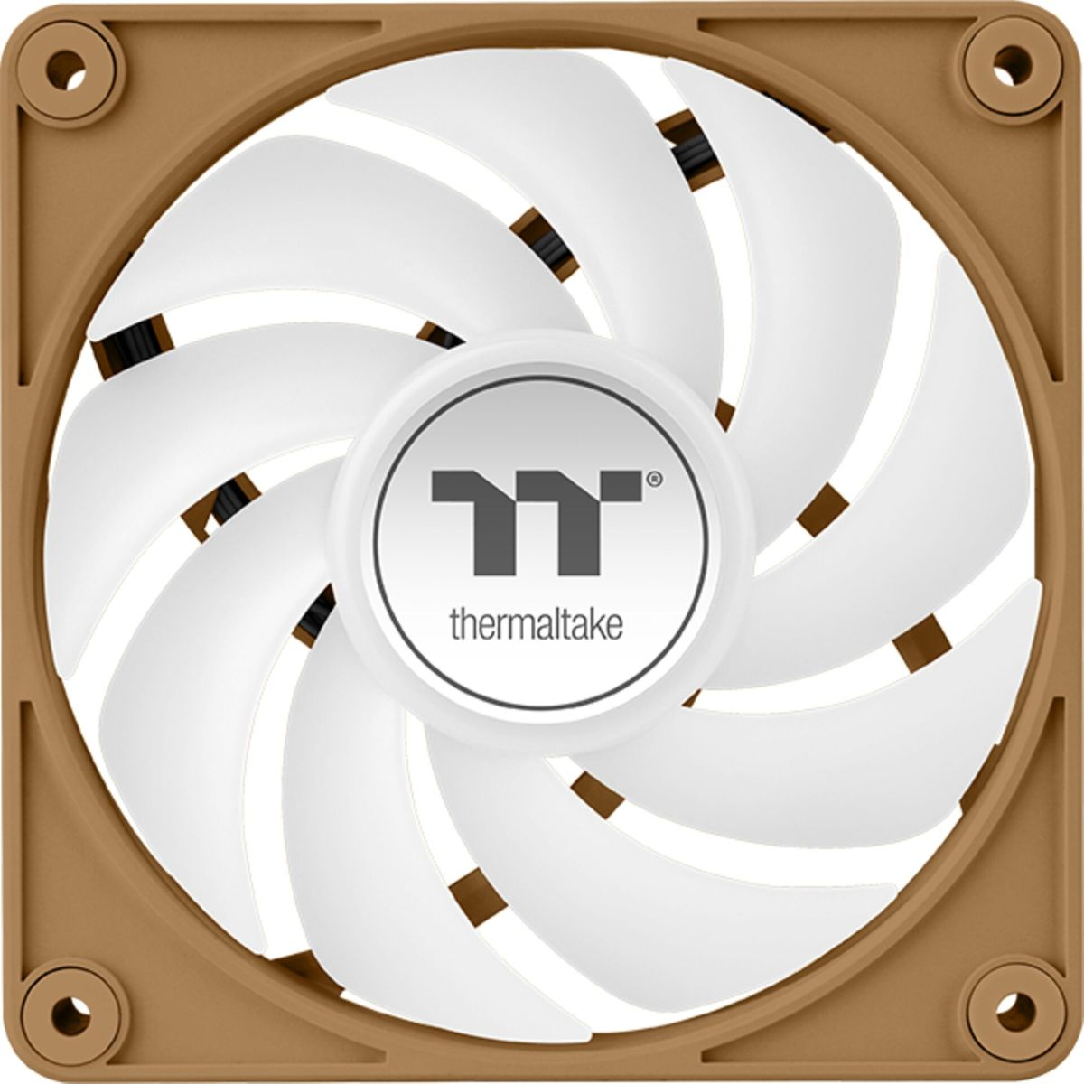 Un ventilador de PC marrón con aspas blancas y el logo de Thermaltake al centro.