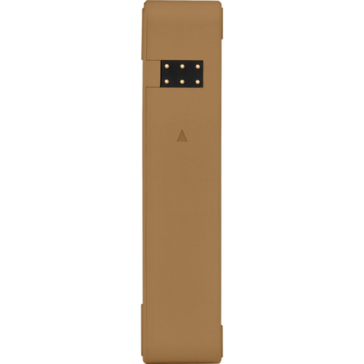 Un dispositivo rectangular marrón con seis puntos negros y un triángulo.