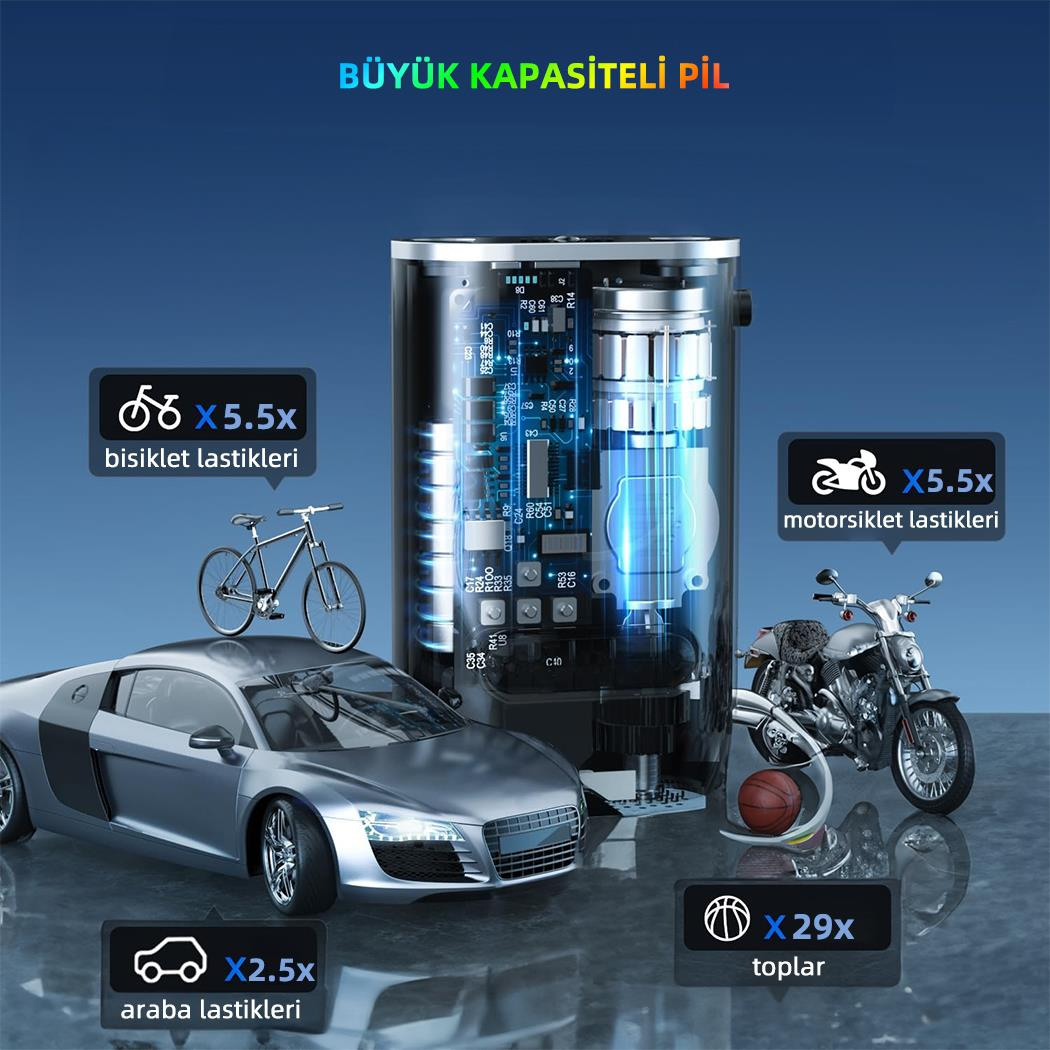 Gümüş spor araba, motosiklet, bisiklet ve power bank.