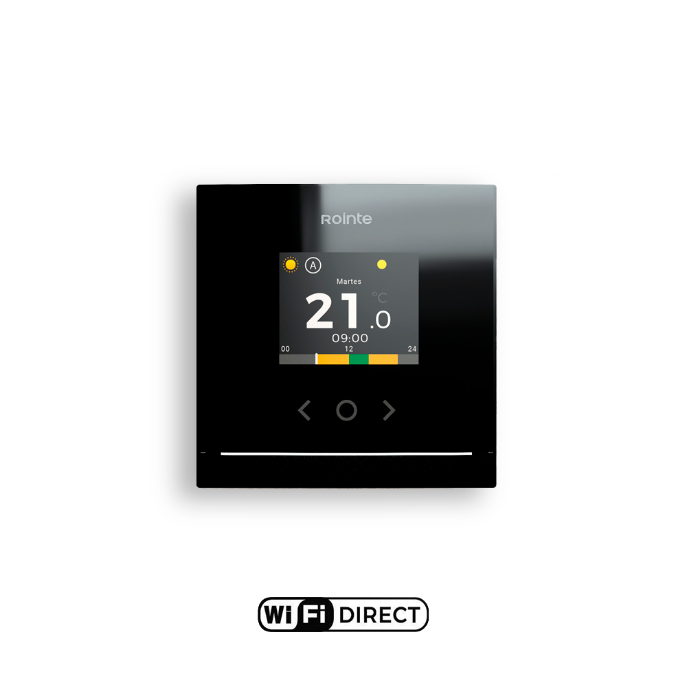 Un termostato programable muestra 21 grados, 09:00 y martes.
