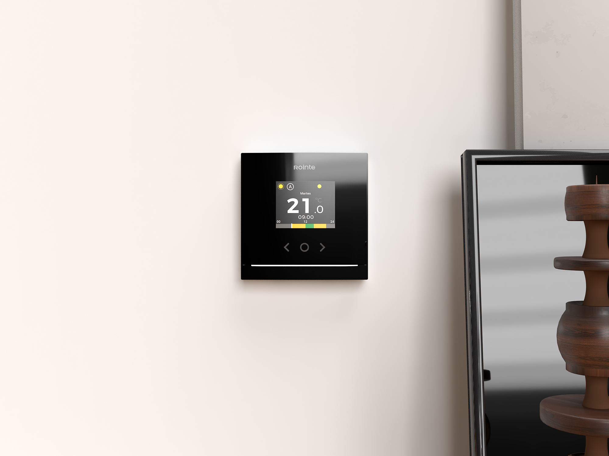 Un termostato digital de marco negro muestra 21 grados Celsius.