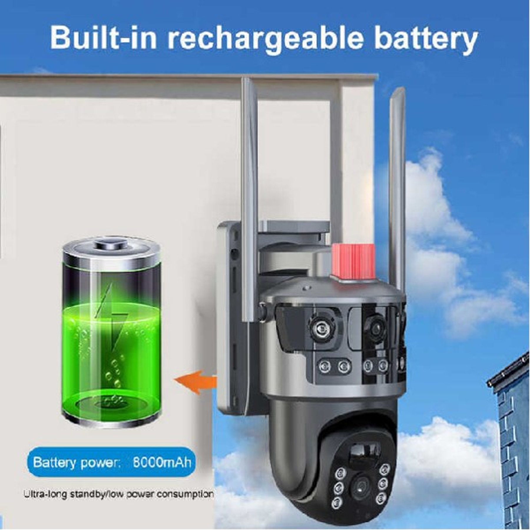 Überwachungskamera mit 8000mAh Akku, stehend montiert.