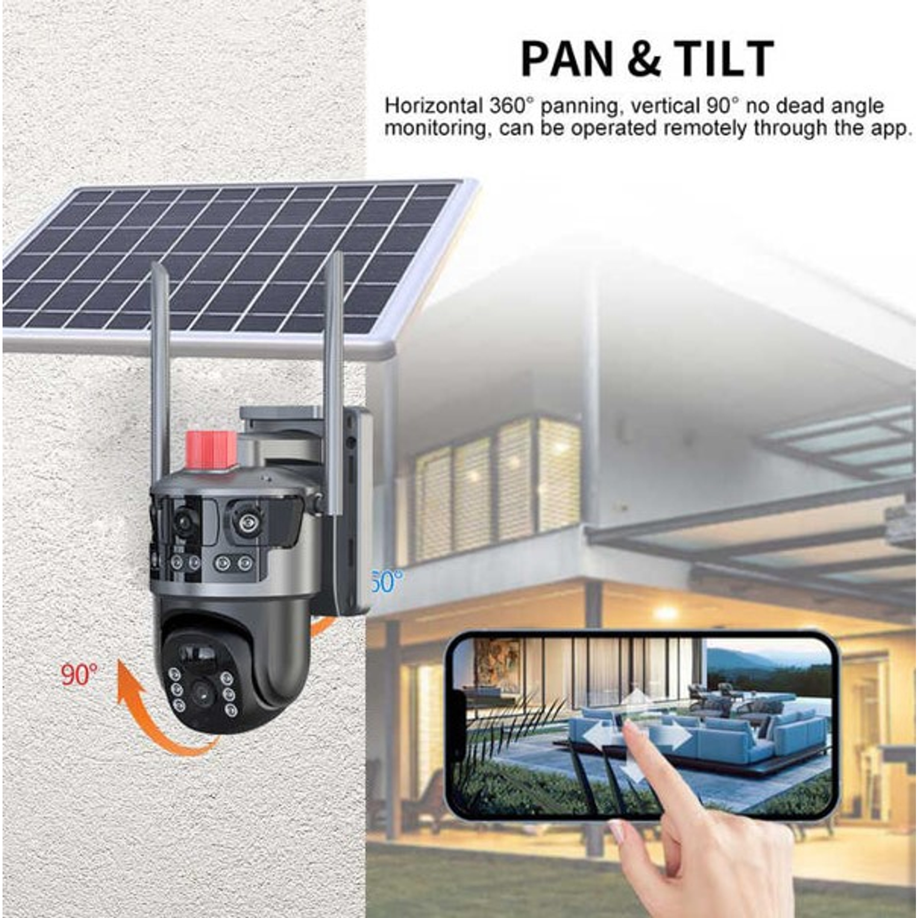 Überwachungskamera mit Solarpanel und App-Steuerung, schwenkt 360° horizontal, 90° vertikal.
