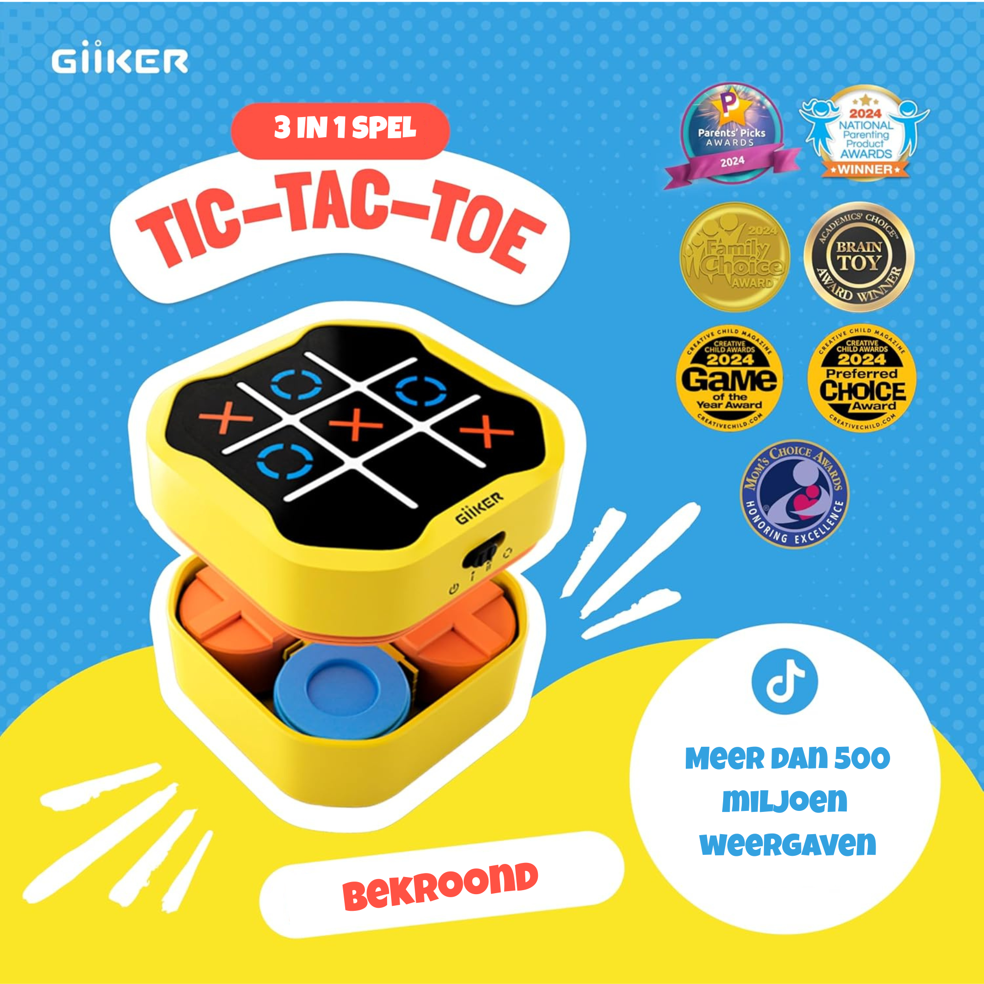 Yellow Tic-Tac-Toe game with awards and Dutch text.