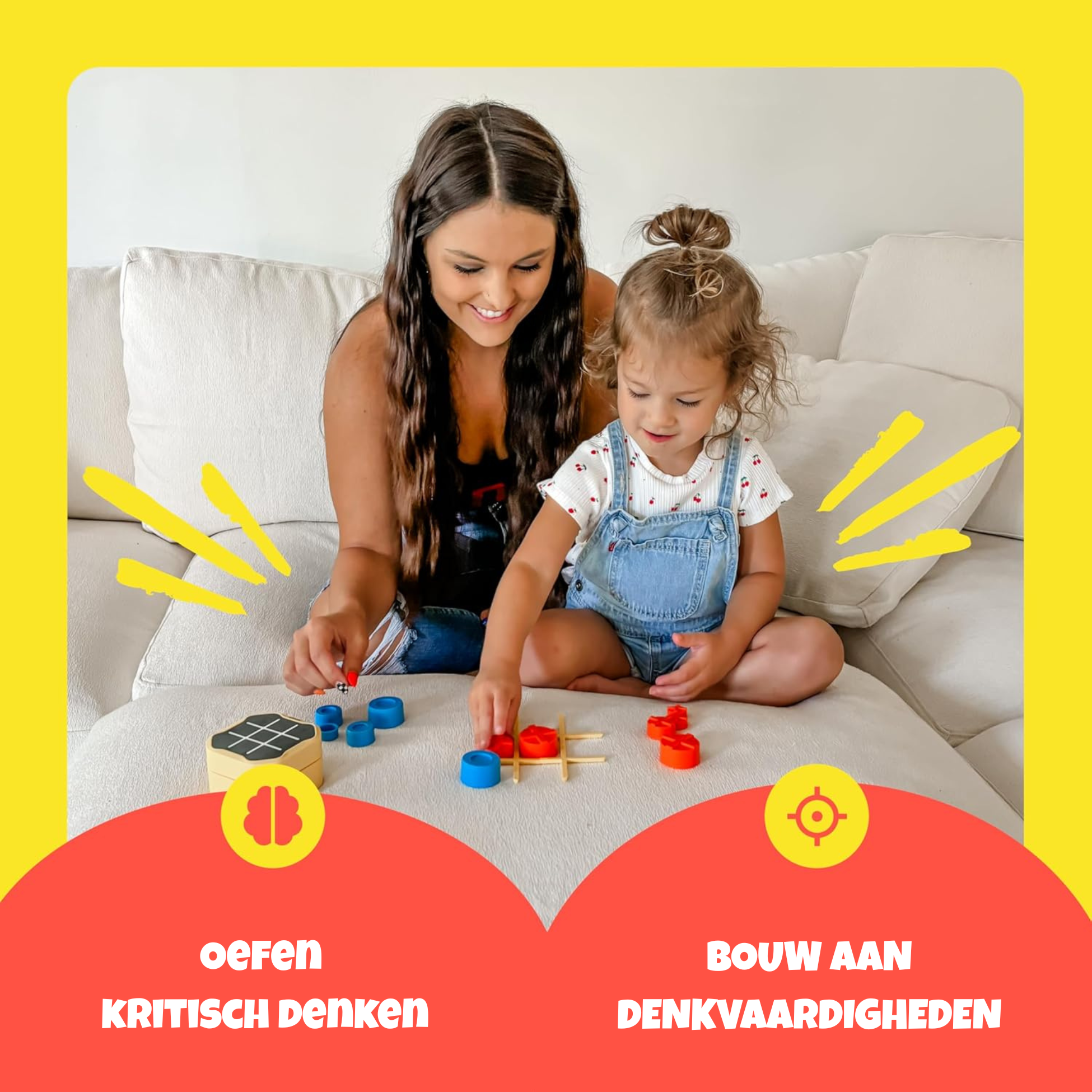 Woman and child play tic-tac-toe on a couch with colorful game pieces.