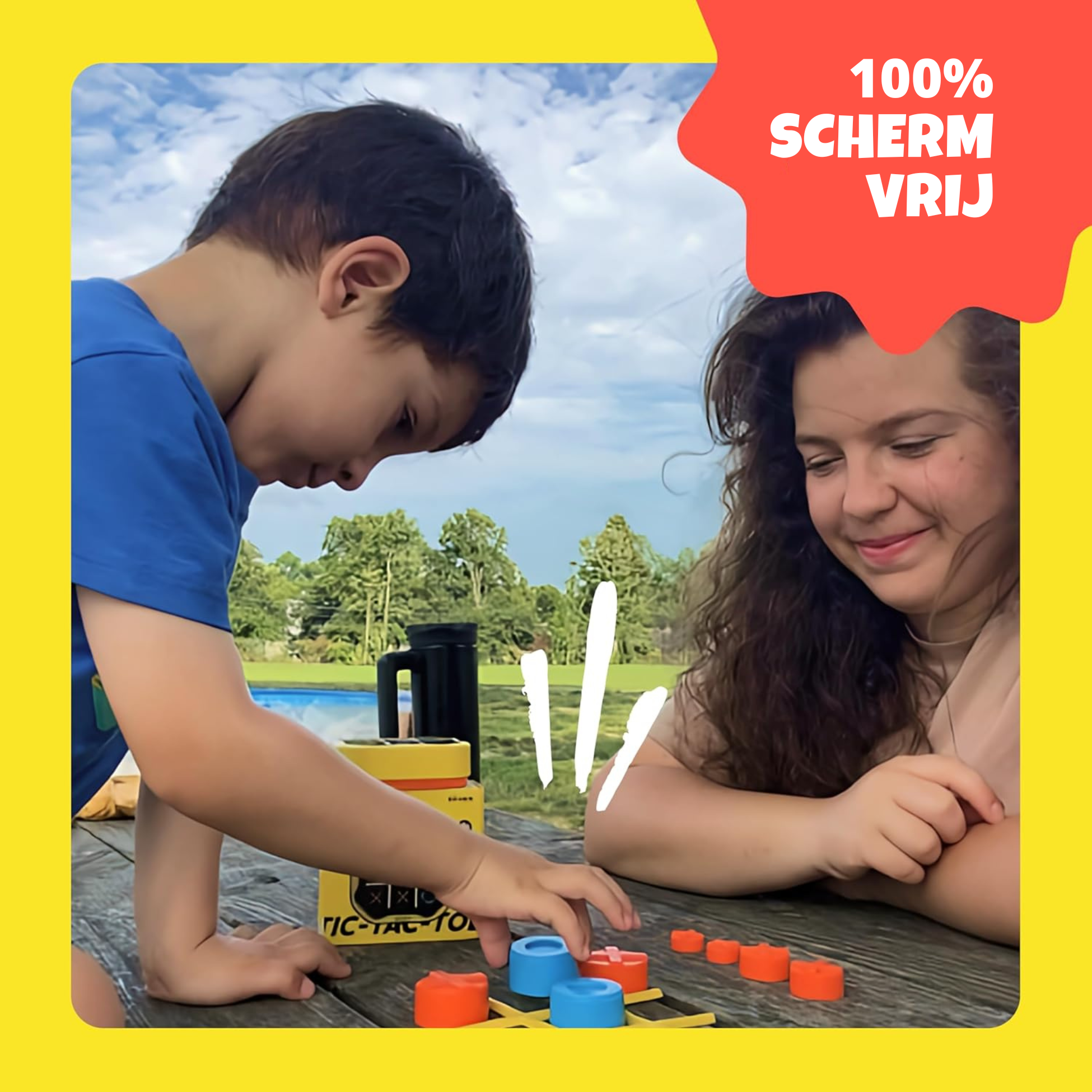 Children play Tic-Tac-Toe outdoors with blue and orange game pieces.