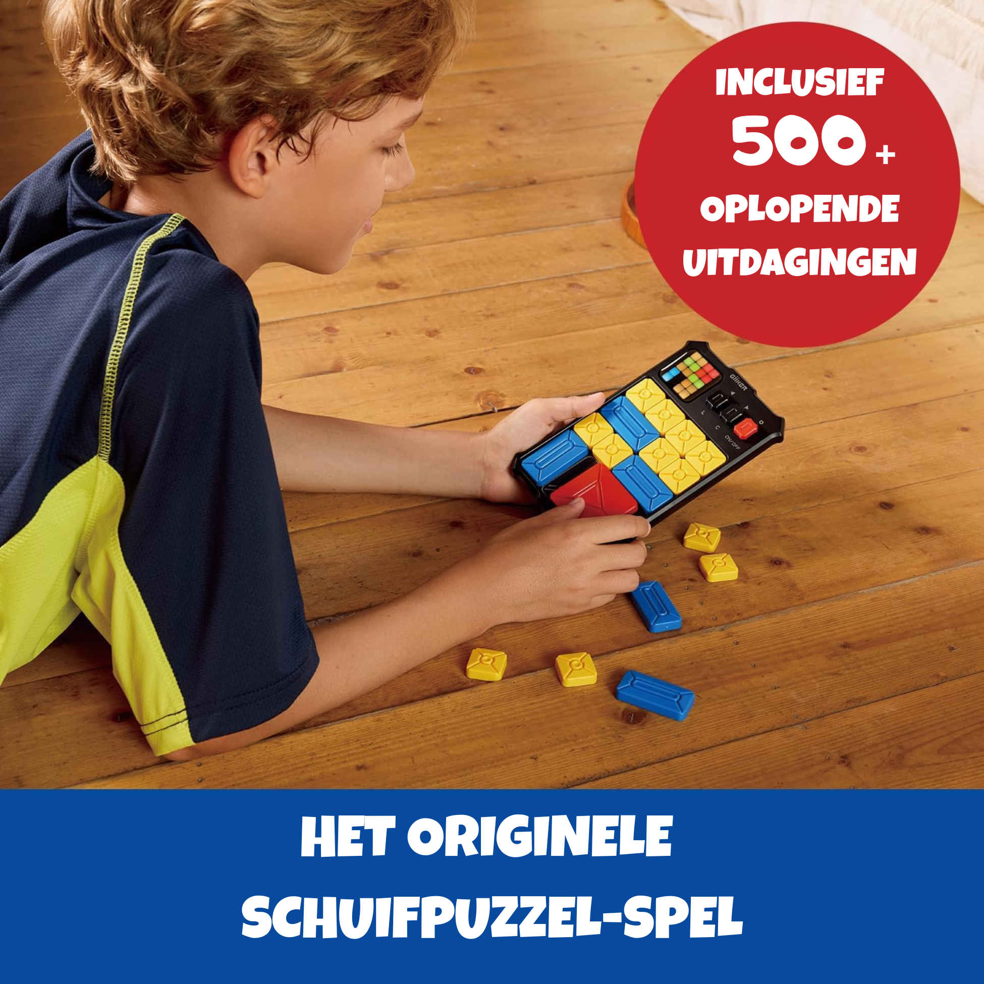 A boy plays a sliding puzzle with yellow, blue, and red pieces.