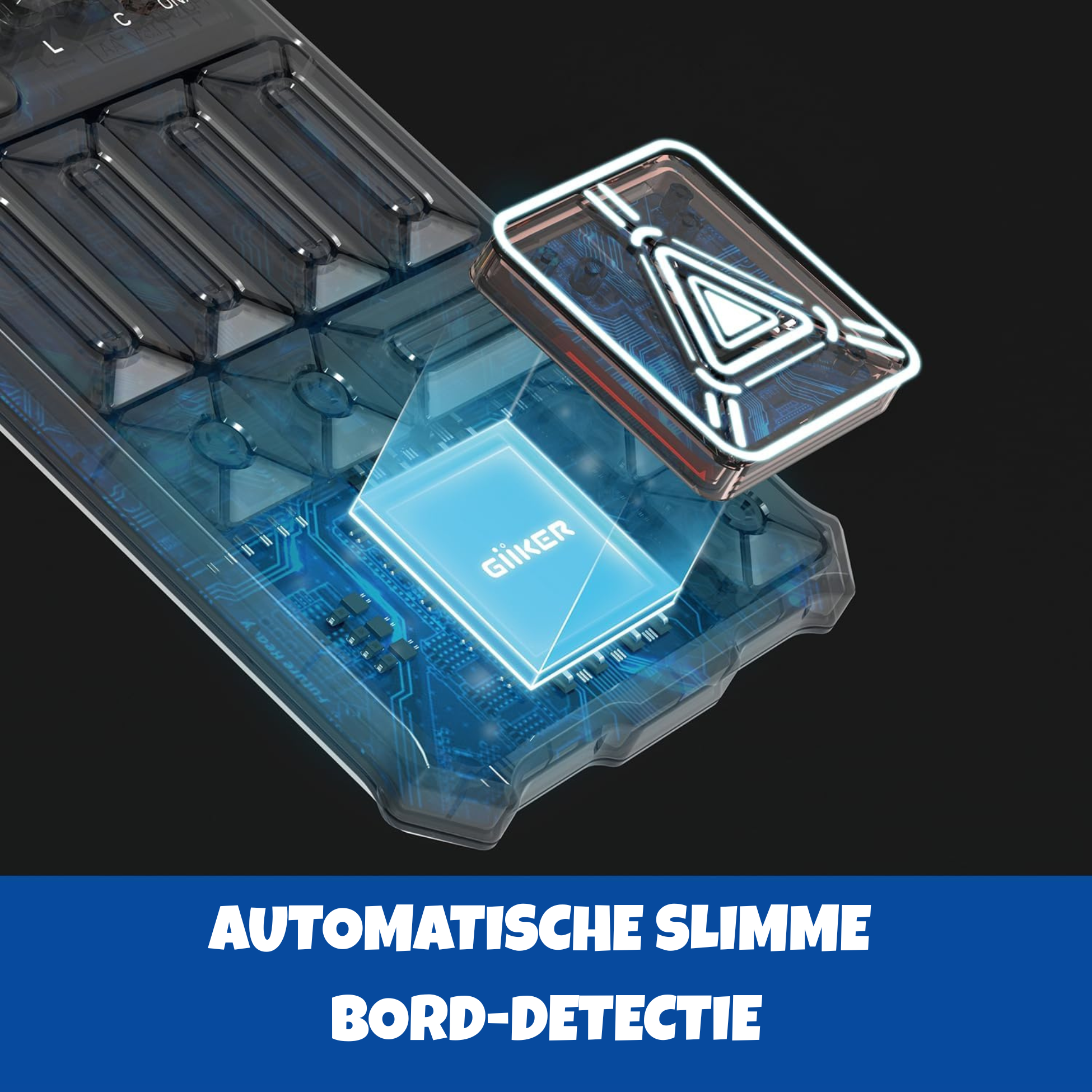 Close-up of a transparent device with circuits and a glowing chip.