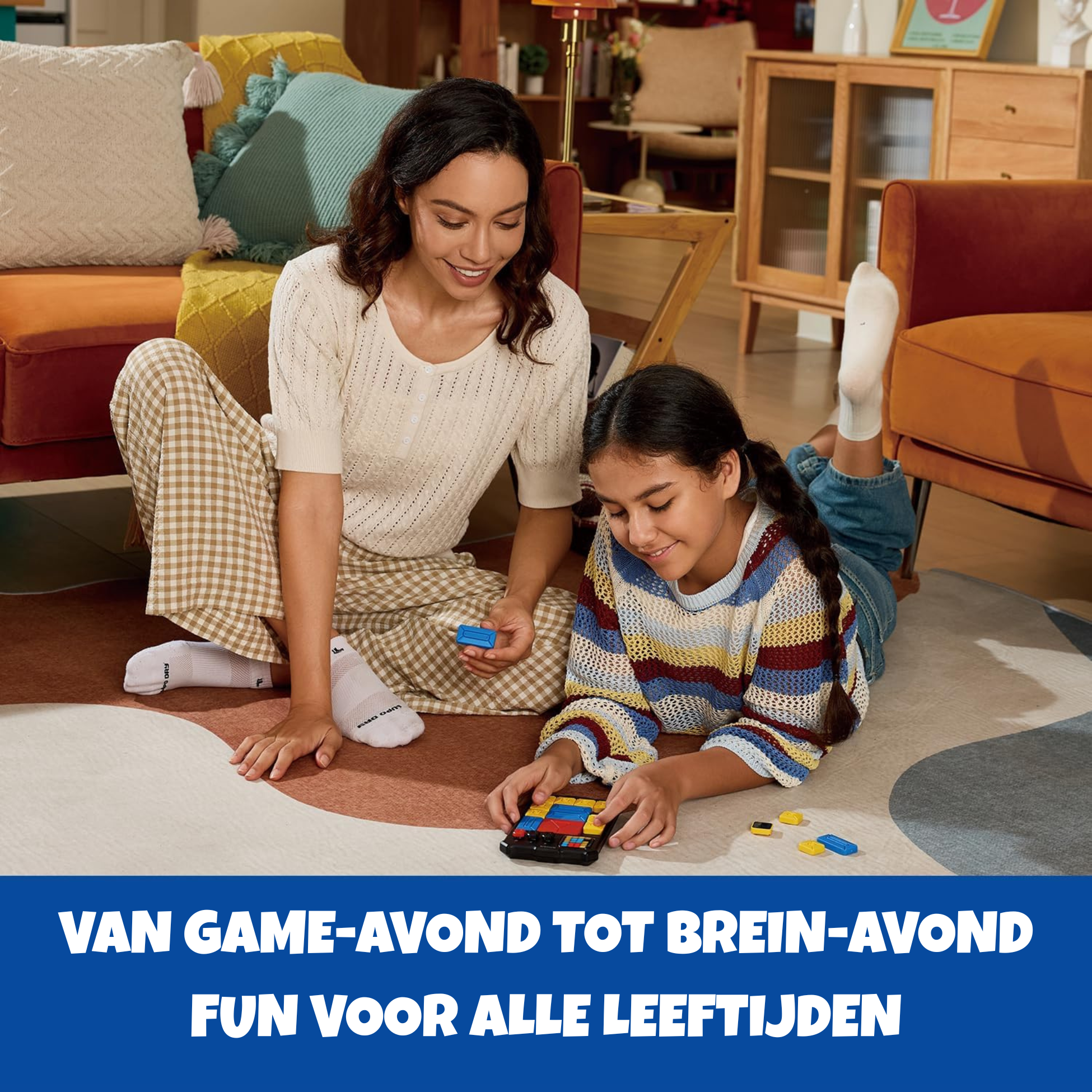 Mother and child playing with colorful blocks on the floor.