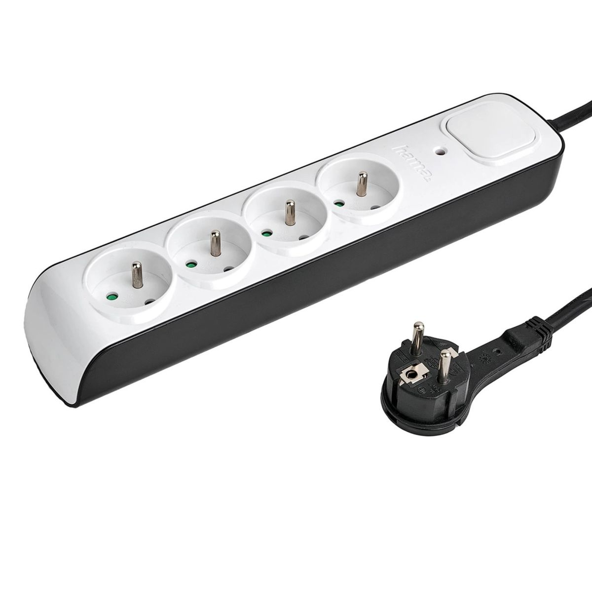 Schwarzer Mehrfachsteckdosenadapter mit vier weißen Steckdosen und einem Stecker.