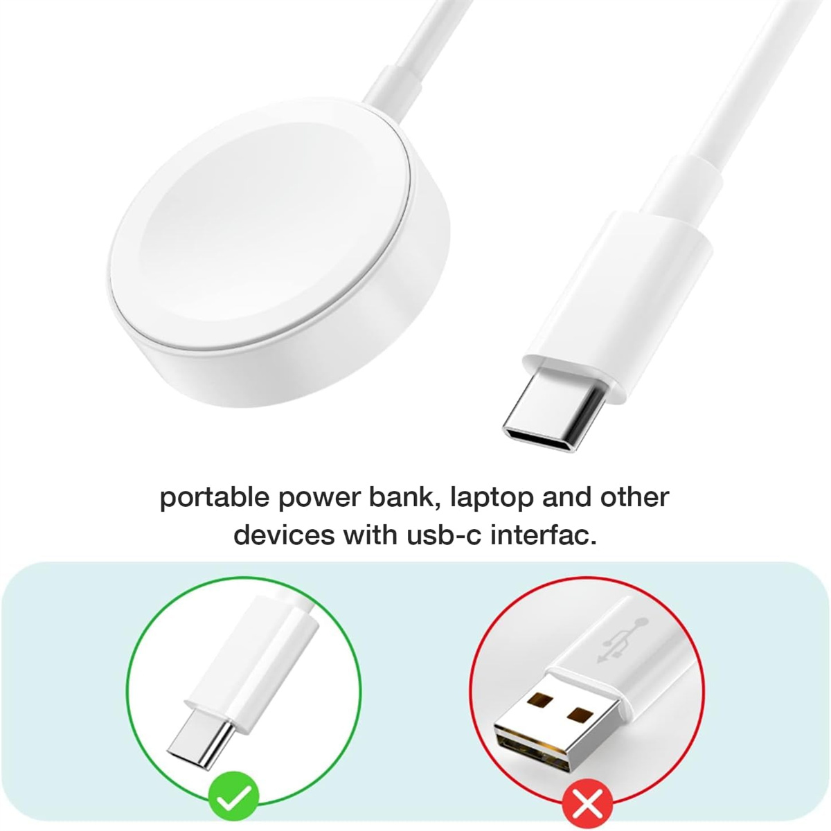 Ein weißes Ladekabel mit USB-C-Anschluss und ein rundes Ladegerät.