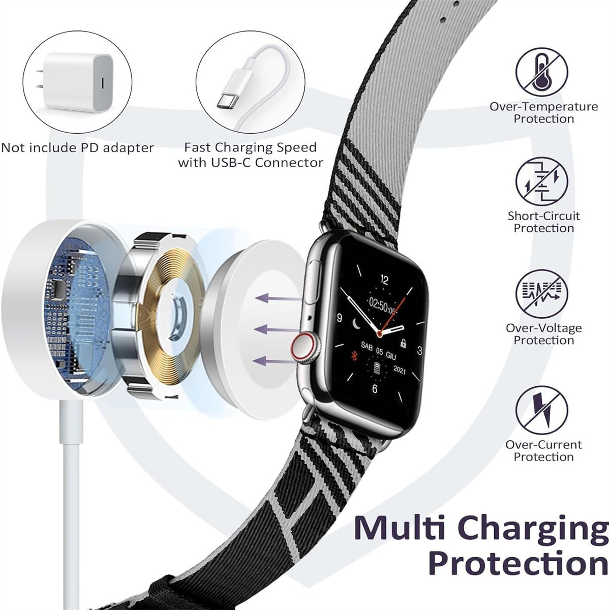 Smartwatch-Ladegerät mit Schutzfunktionen: Übertemperatur, Kurzschluss, Überspannung, Überstrom.