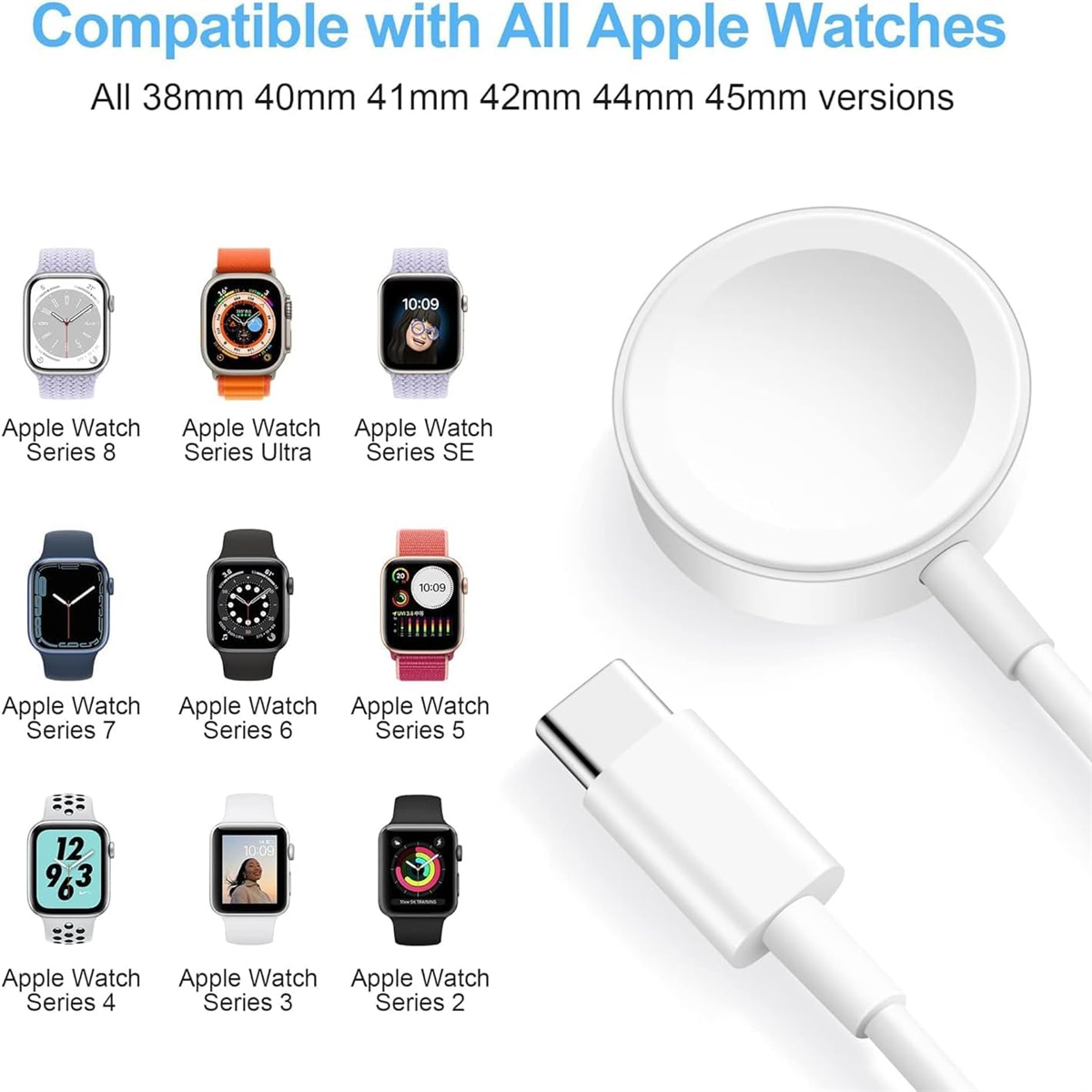 Diverse Apple Watch Modelle mit Ladegerät und USB-C Kabel.
