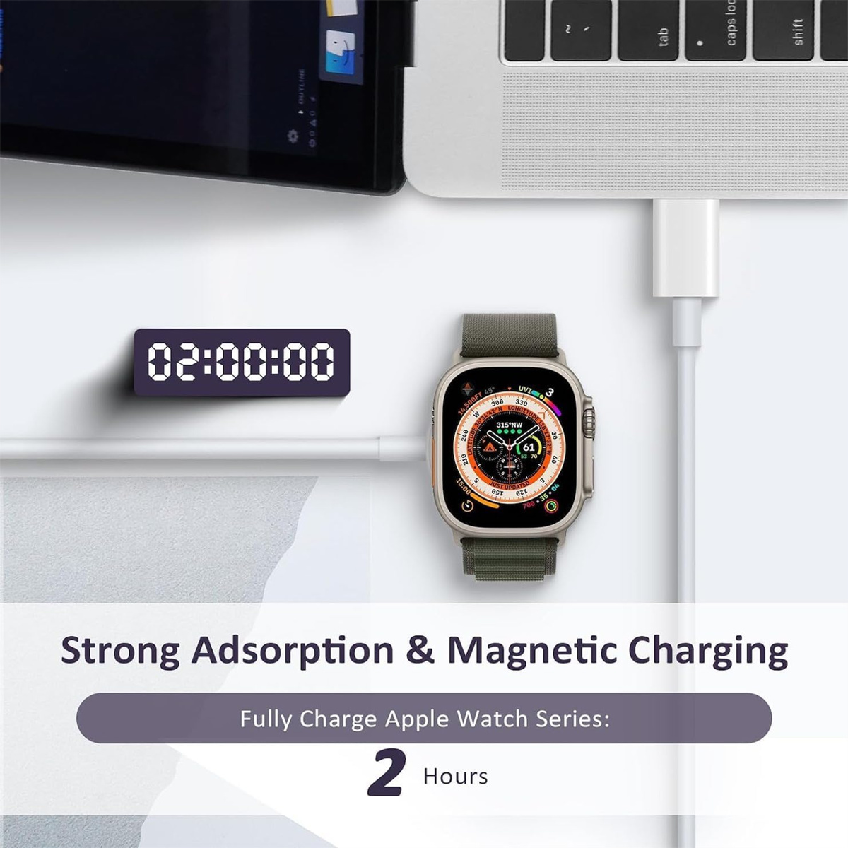 Apple Watch mit Ladekabel neben einem Laptop, digitaler Timer zeigt 02:00:00.