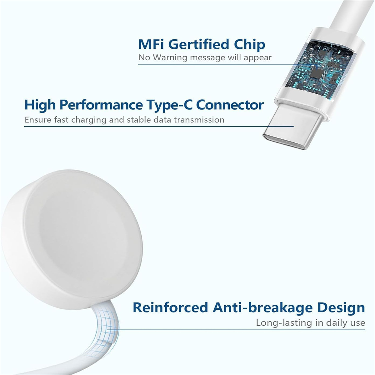 Weißes USB-C-Kabel mit MFi-Chip und Lade-Puck. Verstärkte Ausführung.
