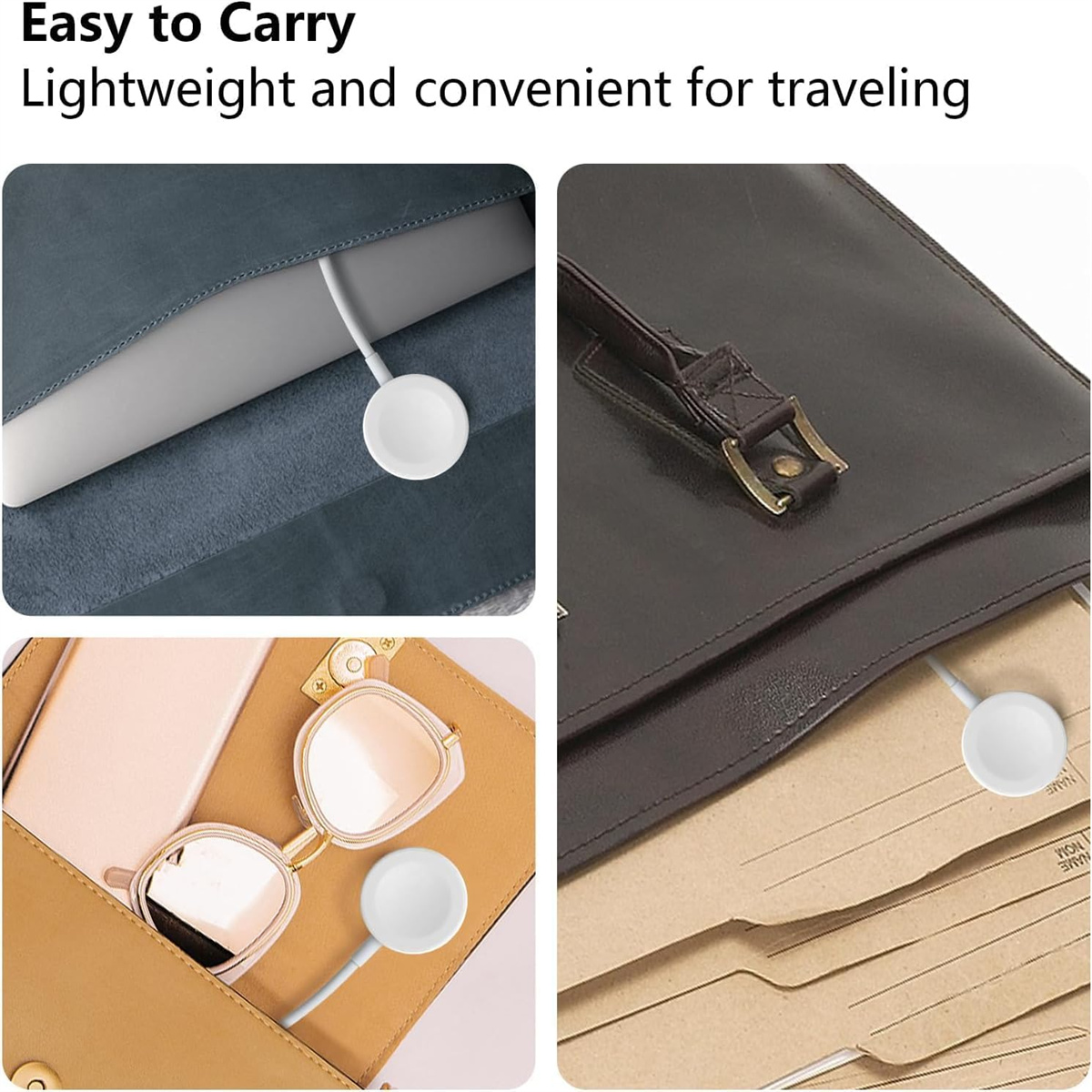 Weiße Ladegeräte in Taschen und Mäppchen, leicht zu transportieren.