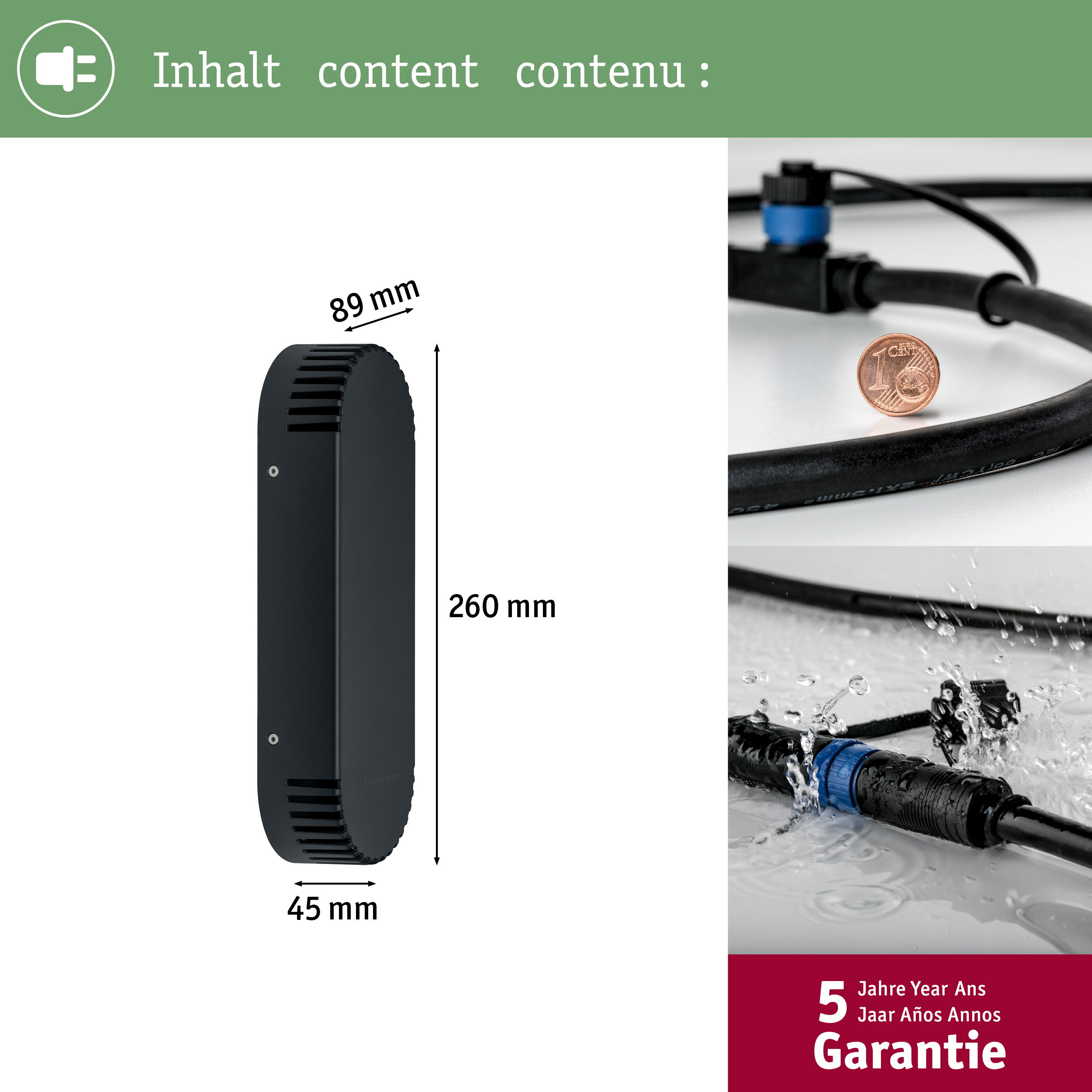 Boîtier noir (260x89x45mm) avec aérations, à côté de câble avec pièce de 1 centime.