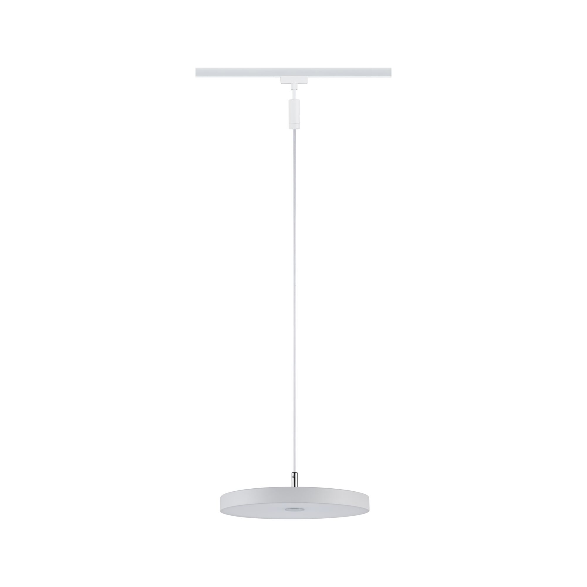 Eine weiße Pendelleuchte mit einem runden Lampenschirm hängt an einem Kabel.