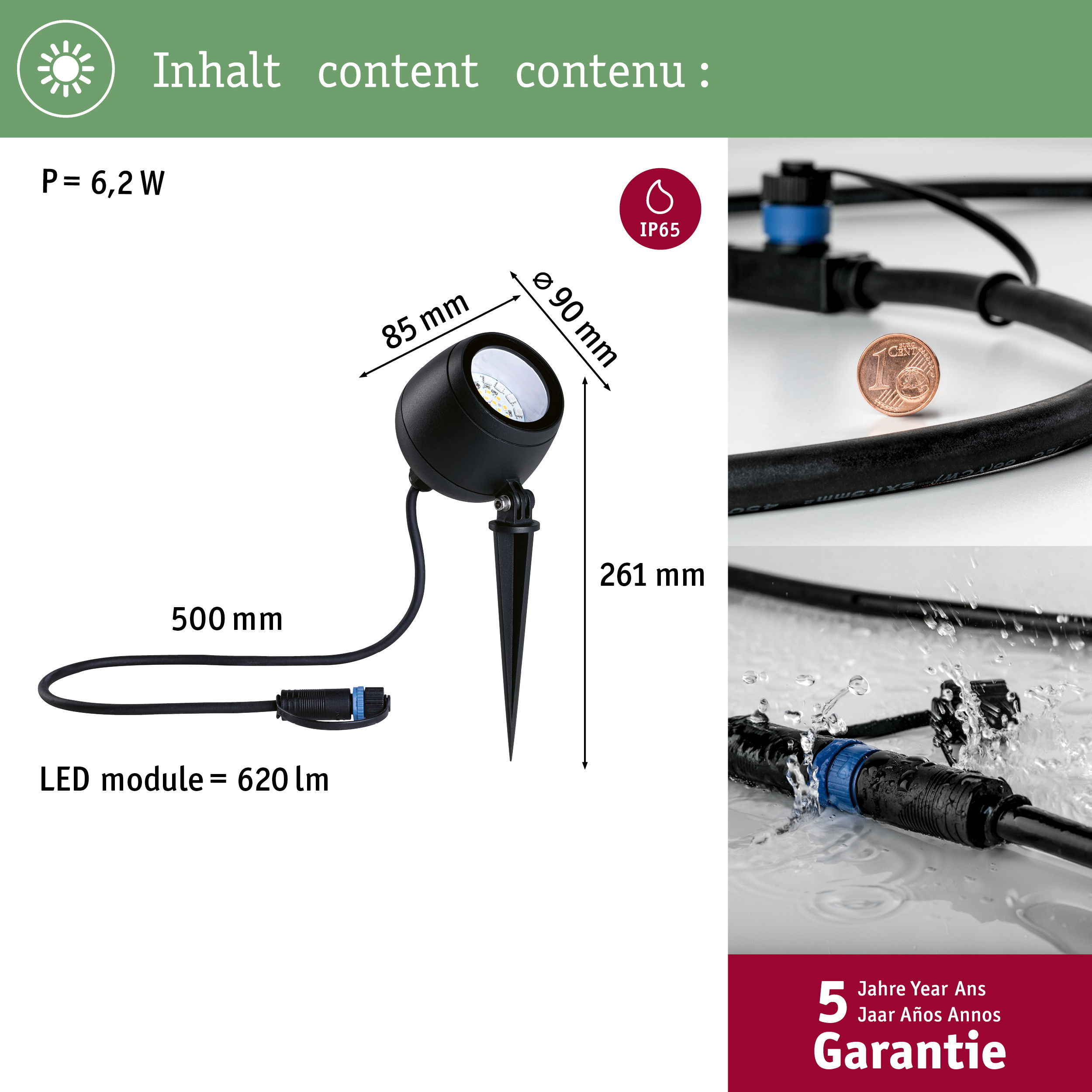 Czarny reflektor LED zewnętrzny z bolcem, kablem i złączami. Wymiary i specyfikacje.