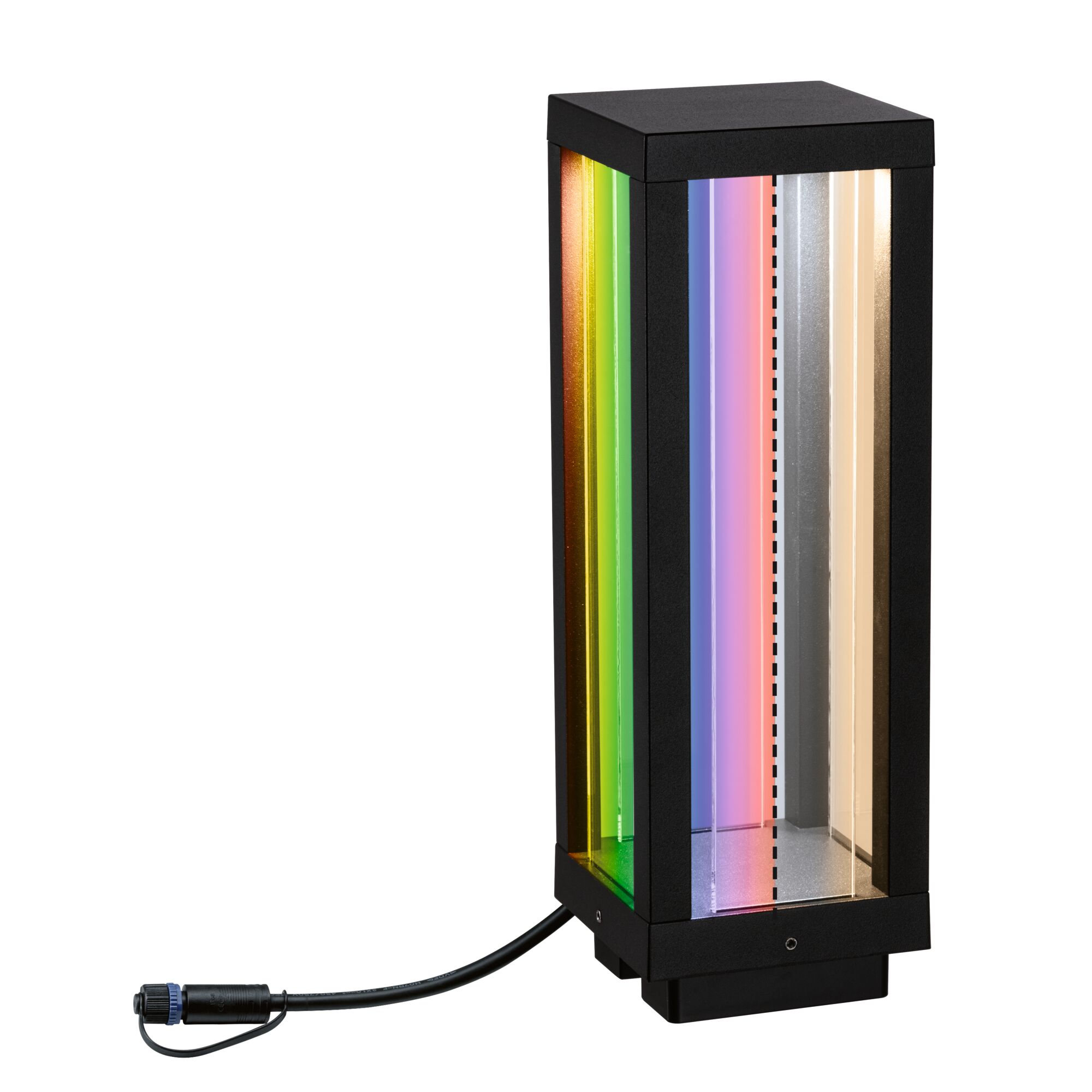 Schwarze Lampe mit bunten Streifen und Kabel.