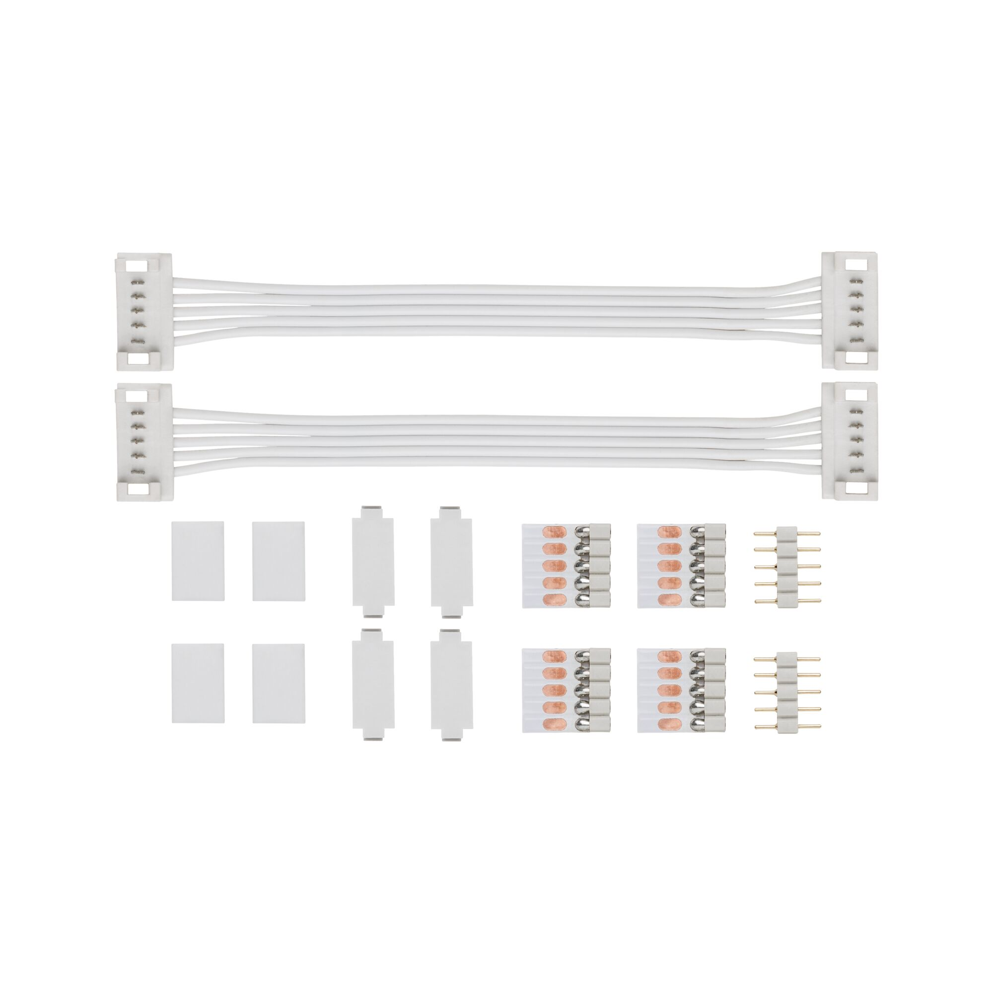 Zwei weiße Kabelverbinder mit je vier Leitungen, dazu weiße Stecker und Clips.