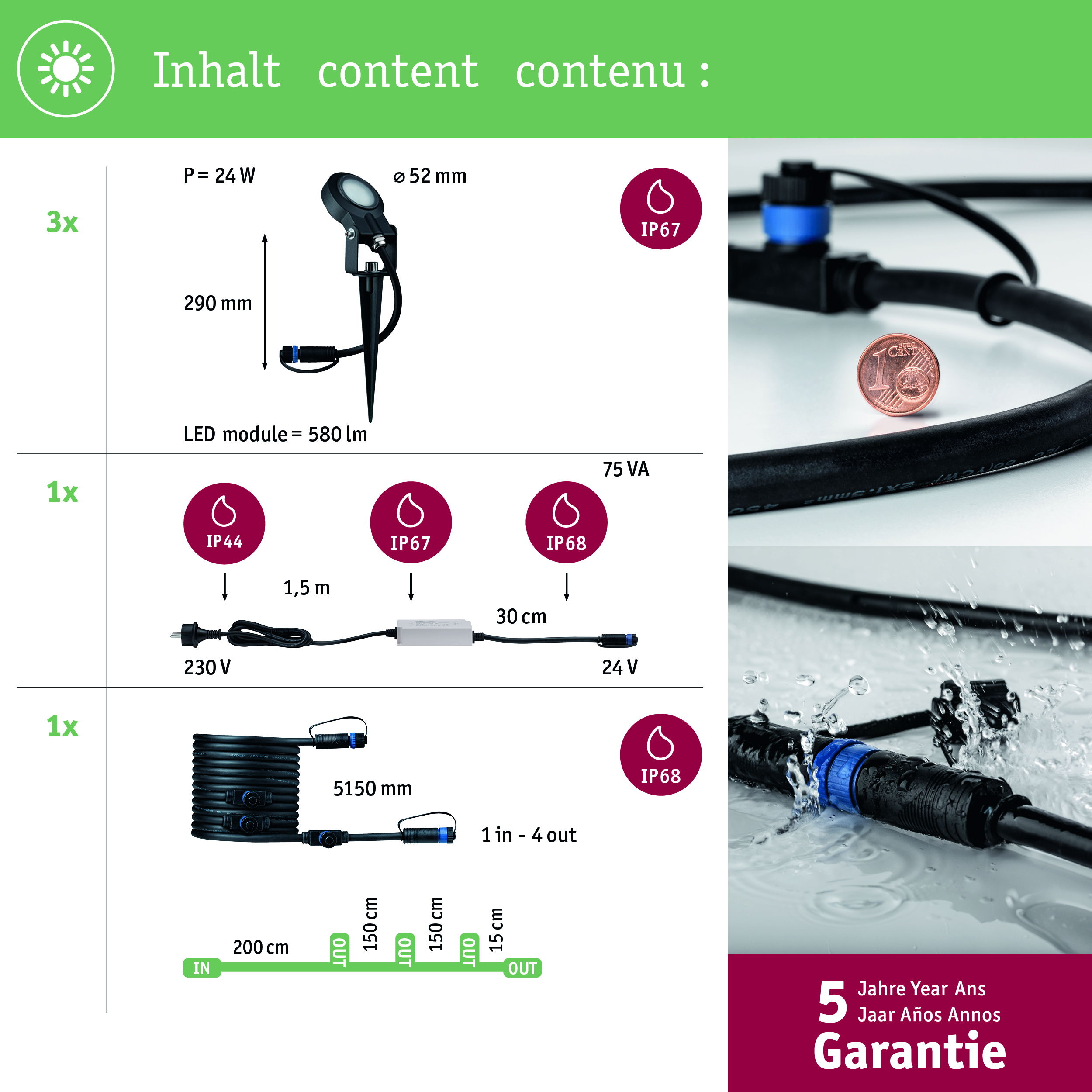 Produktübersicht mit Lampe, Kabel, Stecker und Garantie.
