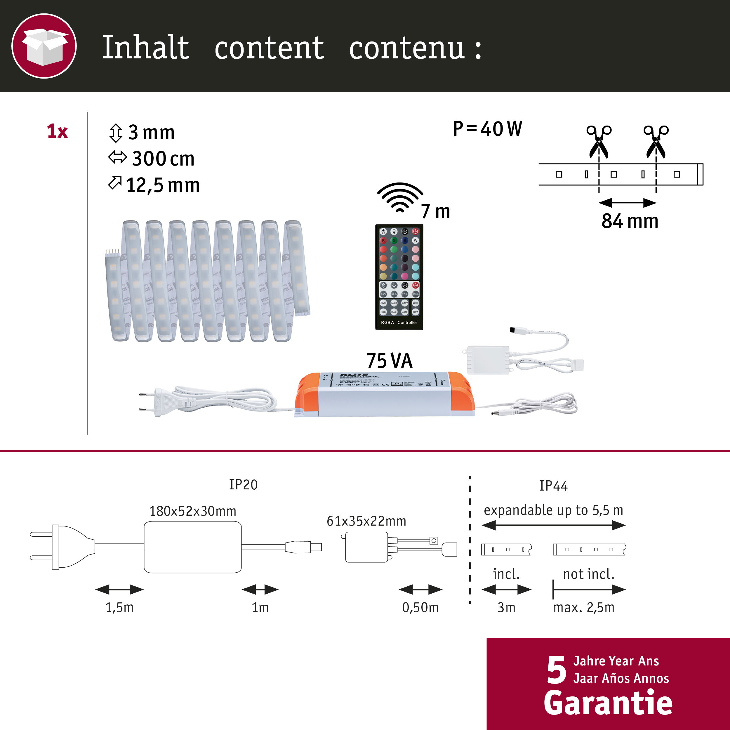 Taśma LED, pilot, zasilacz i kable. Podano wymiary i moc.