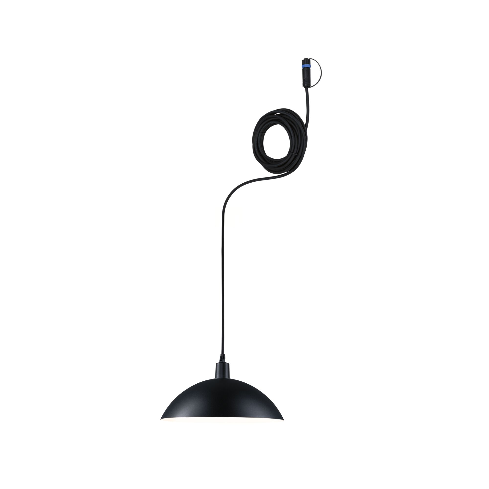 Schwarze Pendelleuchte mit schwarzem Kabel und Stecker.