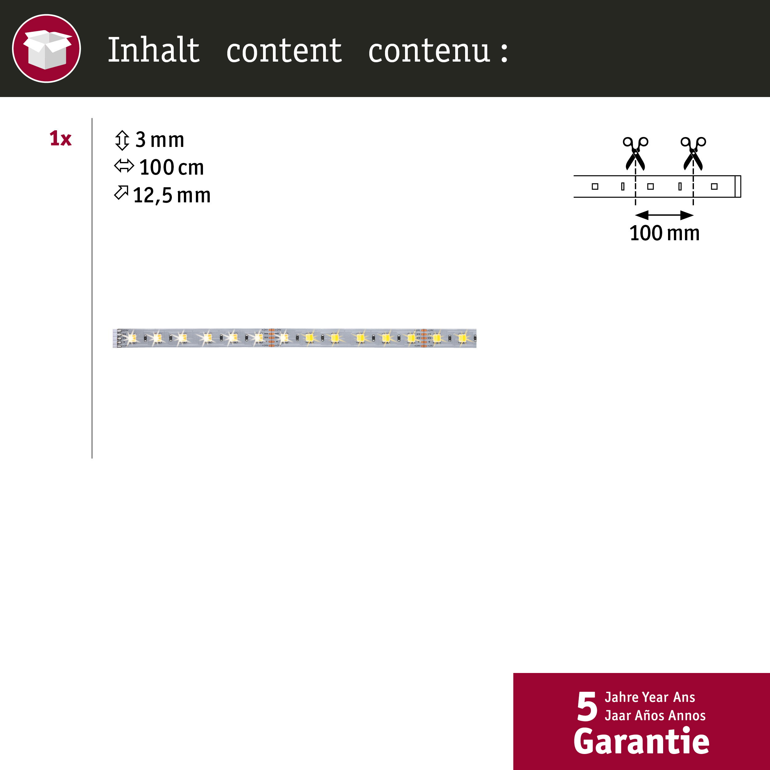 1x Striscia LED con dimensioni 3mm, 100cm, 12,5mm. Segni di taglio.