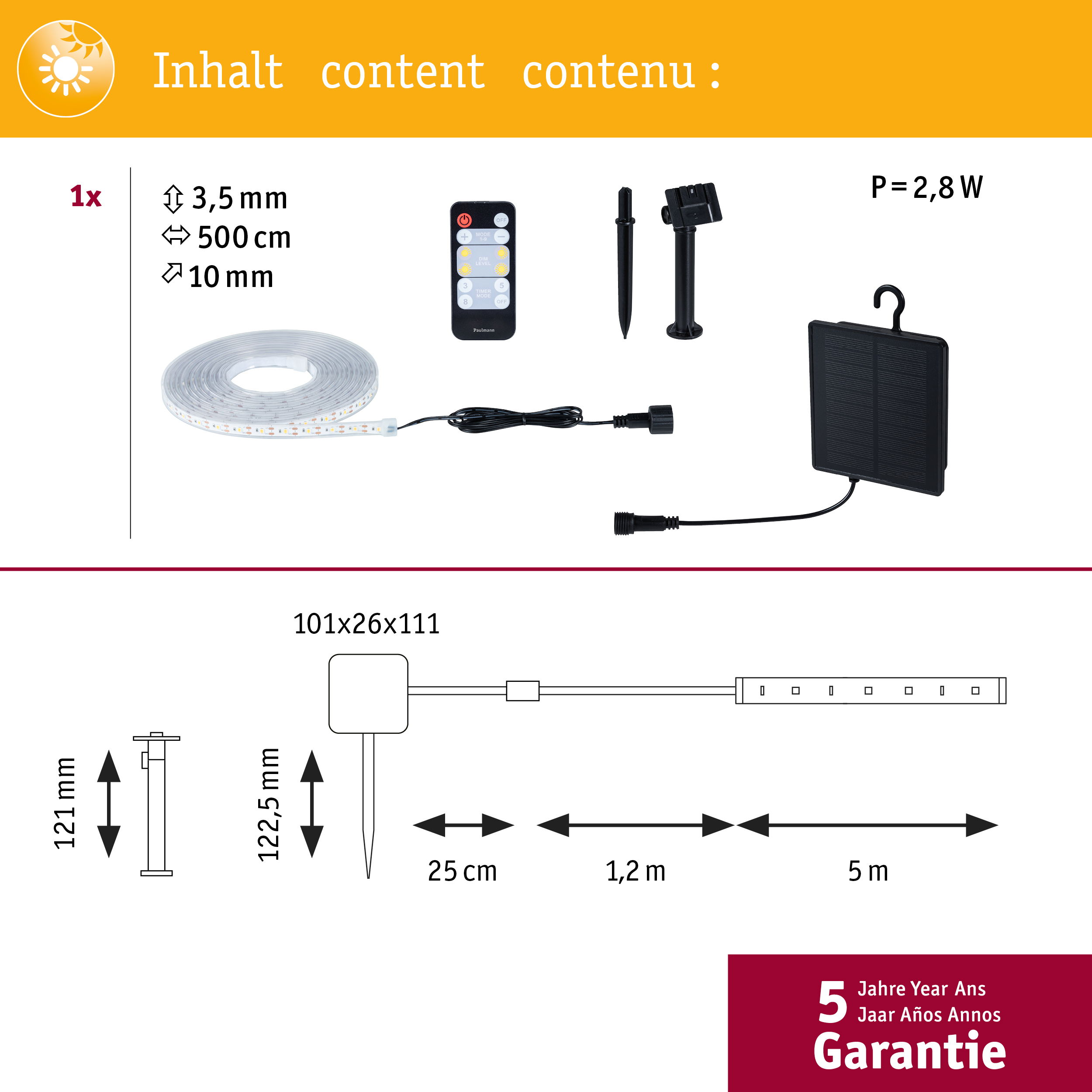 Inhalt: Lichterkette, Solarpanel, Fernbedienung, Erdspieß. Maße: 500cm.