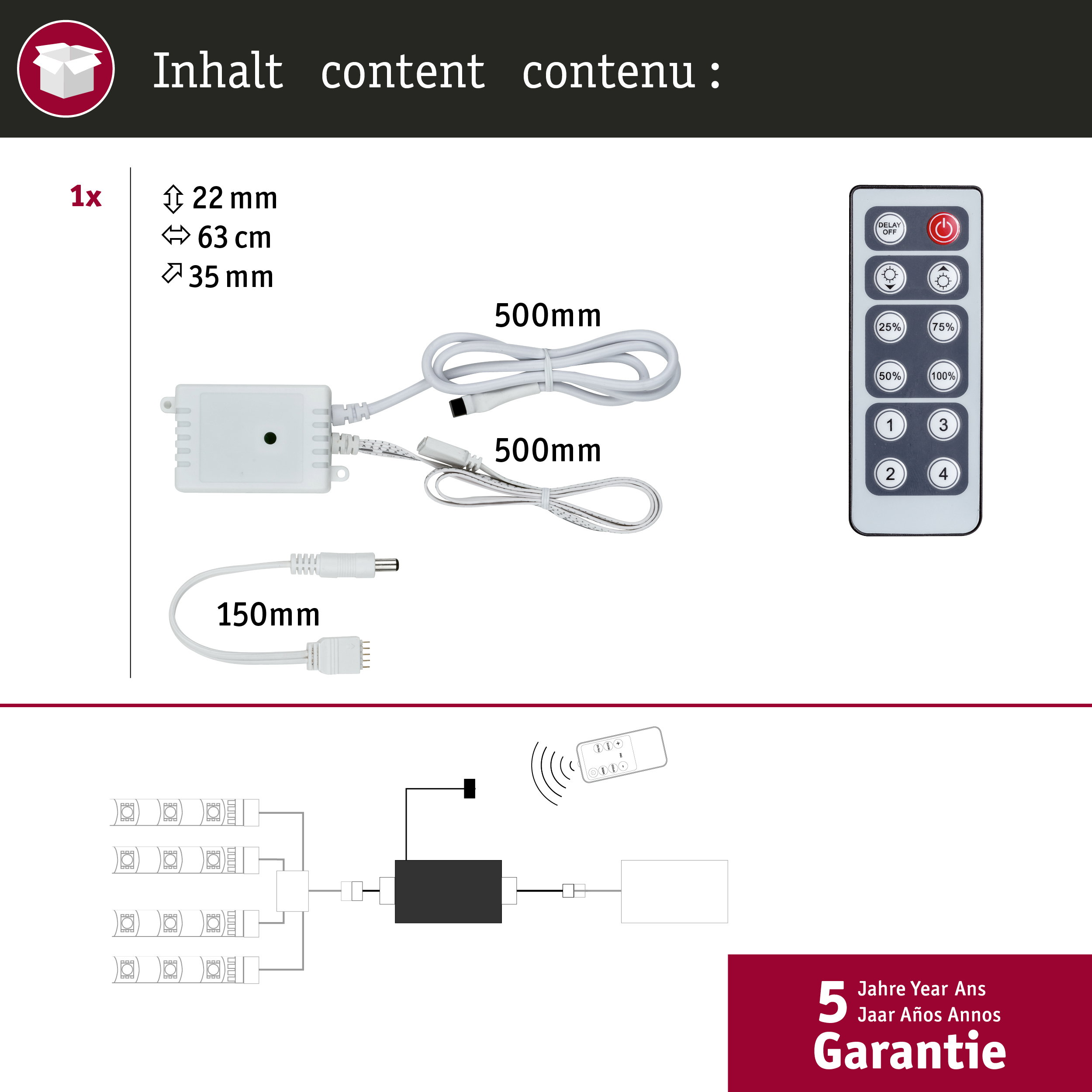 Packungsinhalt: LED-Controller, Fernbedienung, Kabel und Garantie.