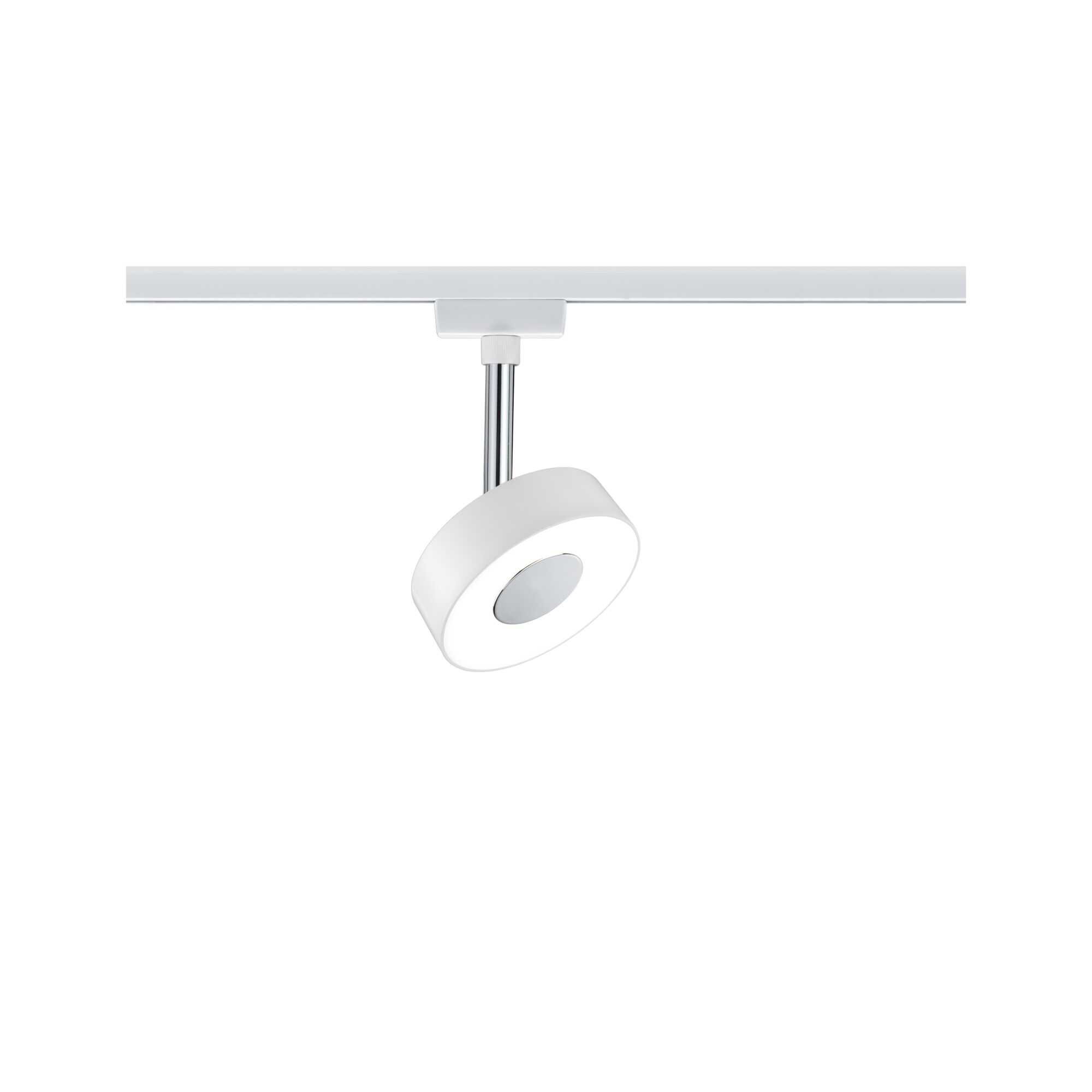 Un faretto da soffitto rotondo bianco con stelo cromato su binario bianco.