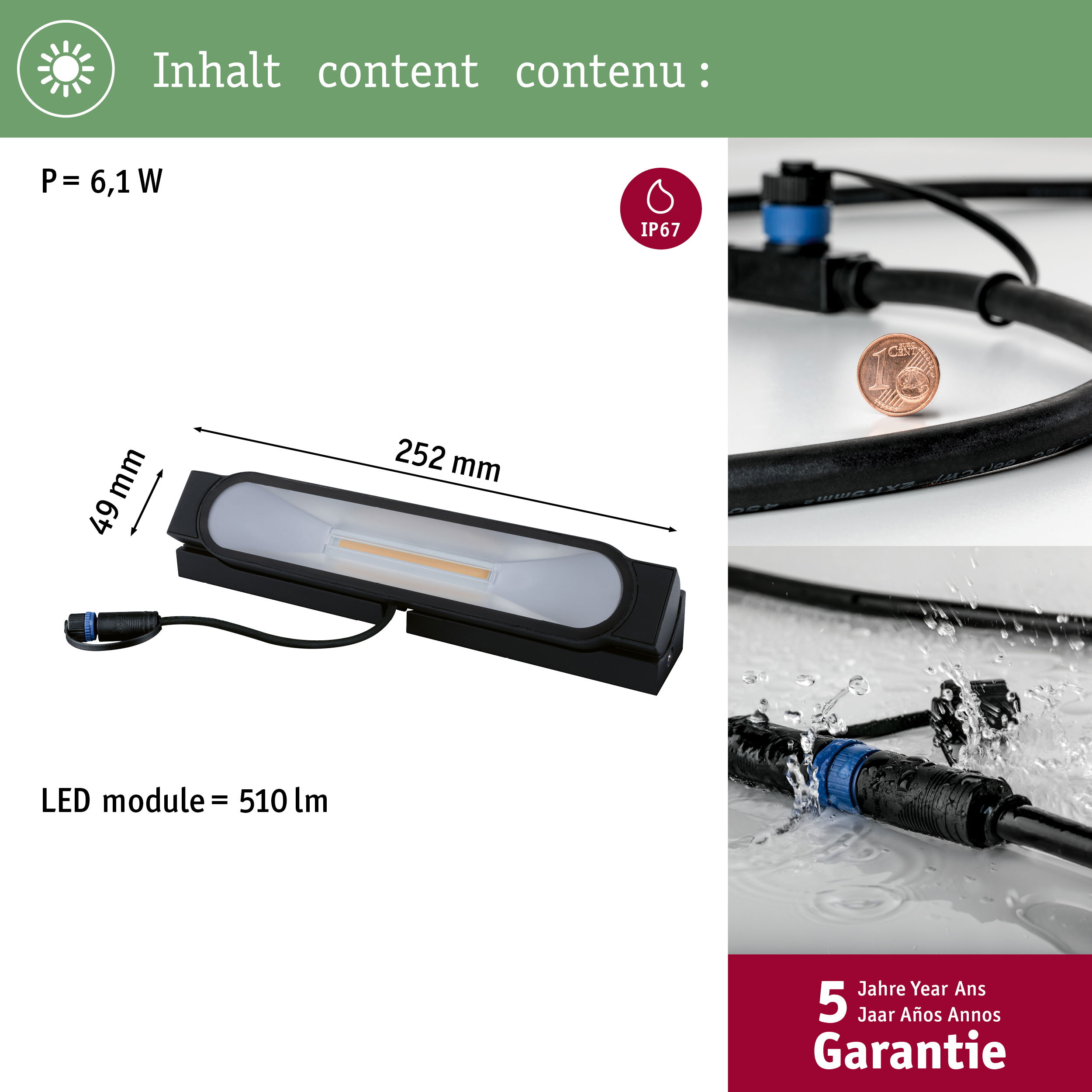 LED-Leuchte mit 6,1W Leistung und 510lm Helligkeit, IP67-zertifiziert.