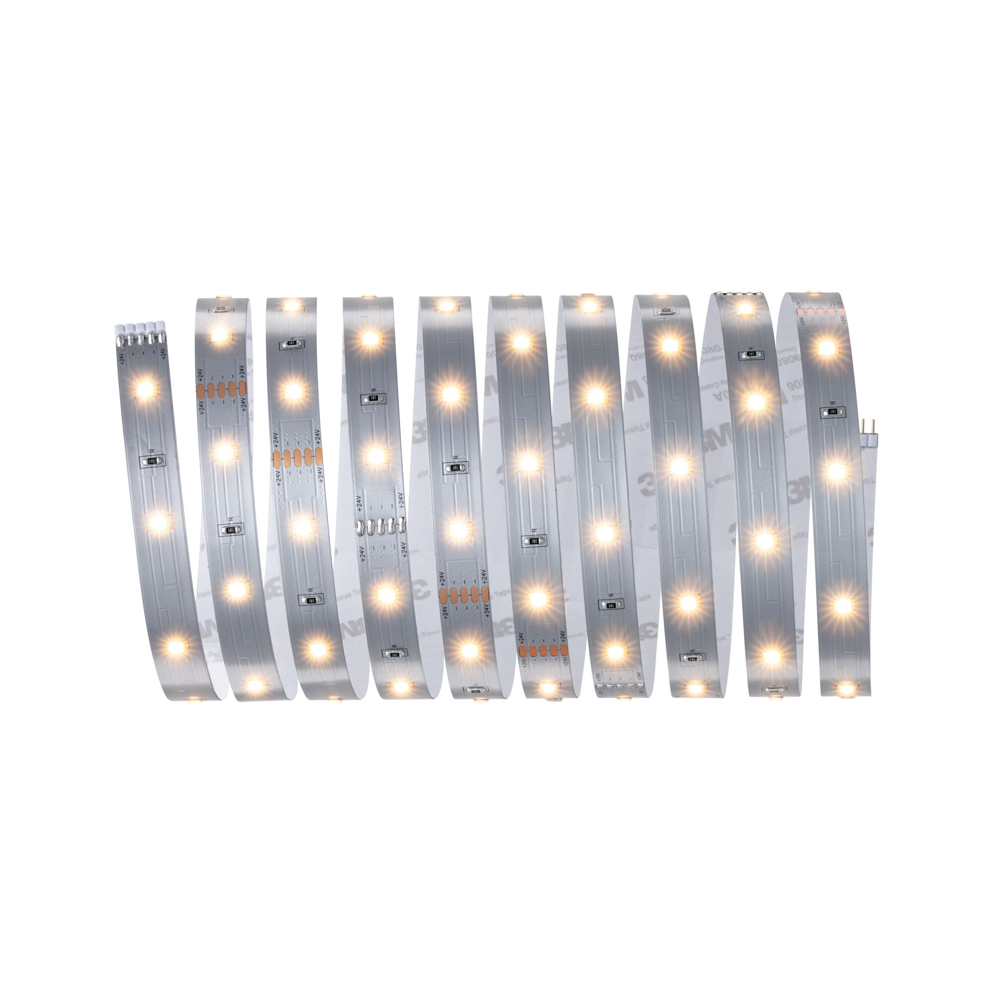 Eine aufgerollte LED-Lichtleiste mit 24V-Anschluss und 3M-Klebeband.