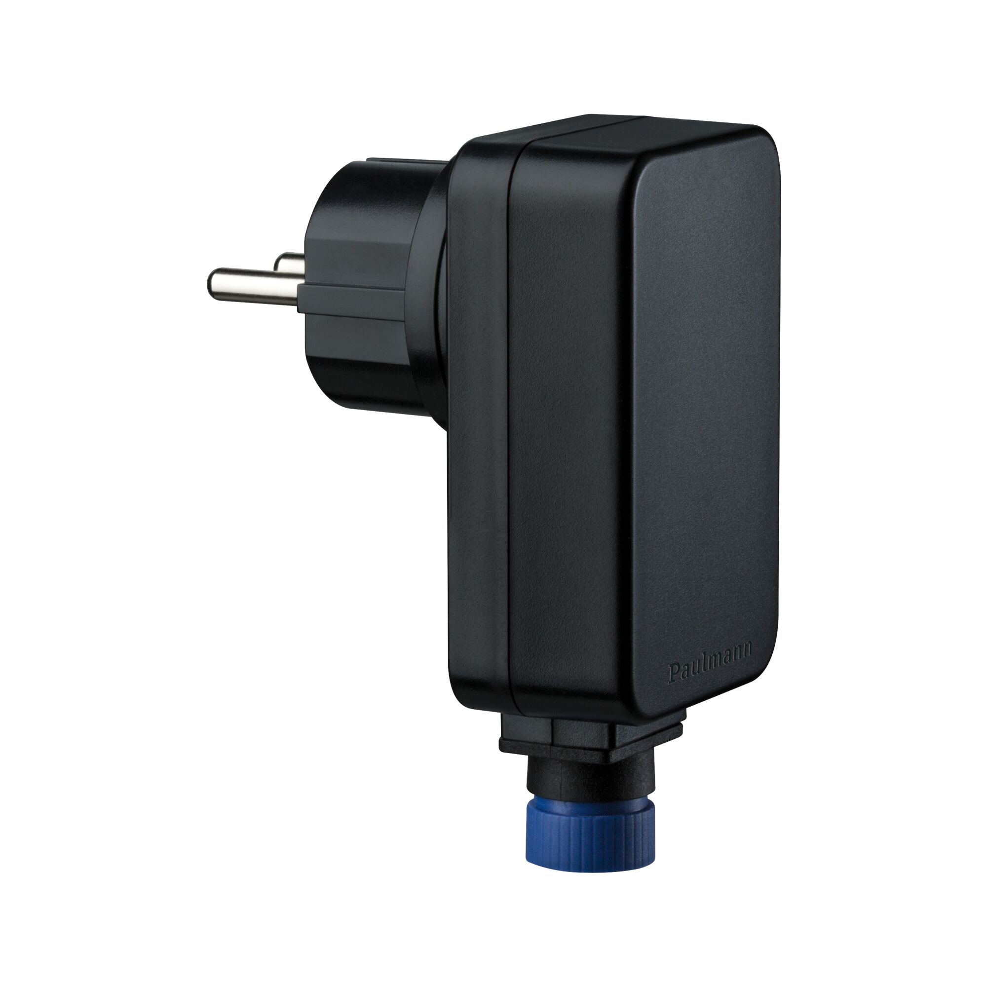 Schwarzer Steckeradapter mit blauem Rändelrad, Paulmann-Logo.