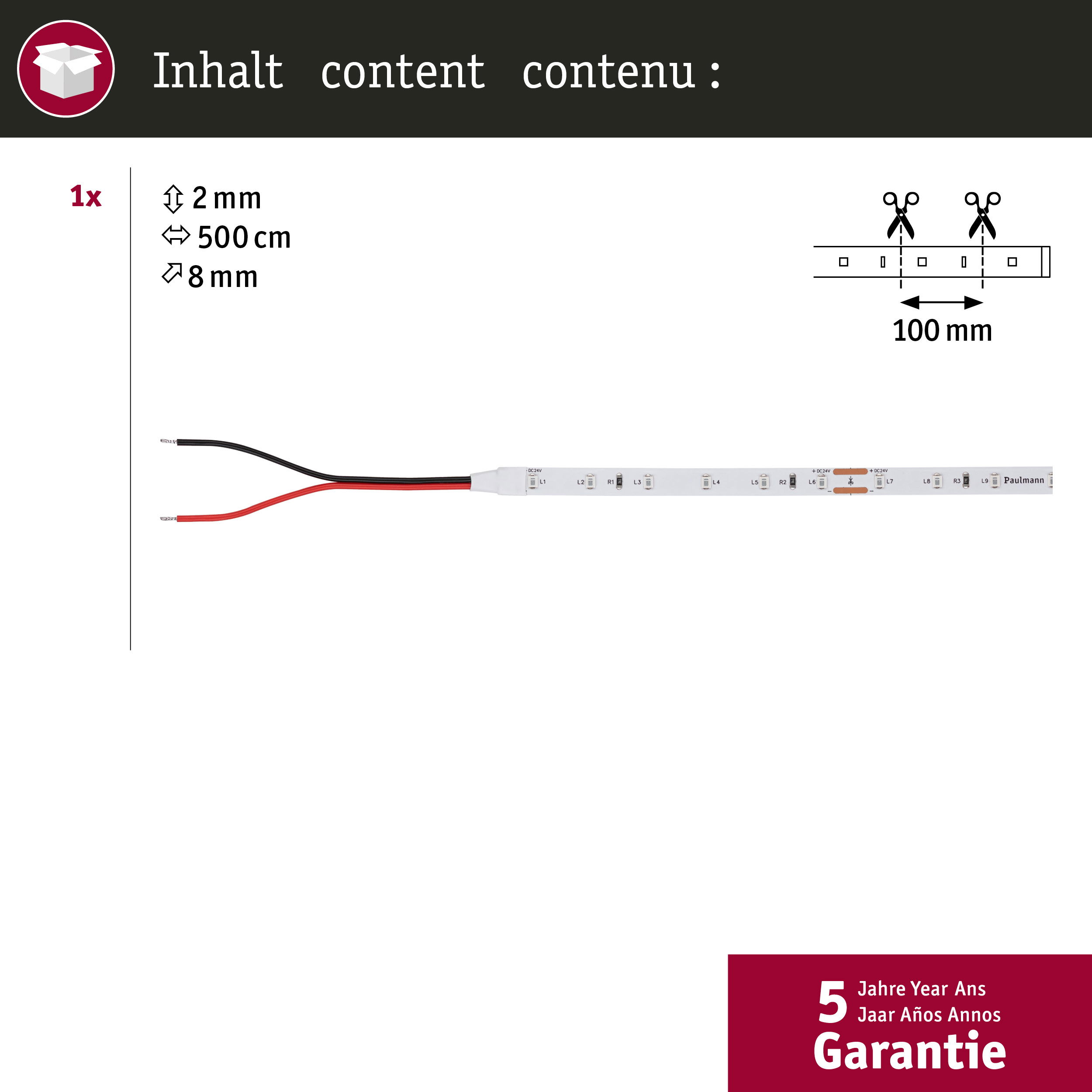 Taśma LED z kablem, wymiary: 2mm x 500cm x 8mm.
