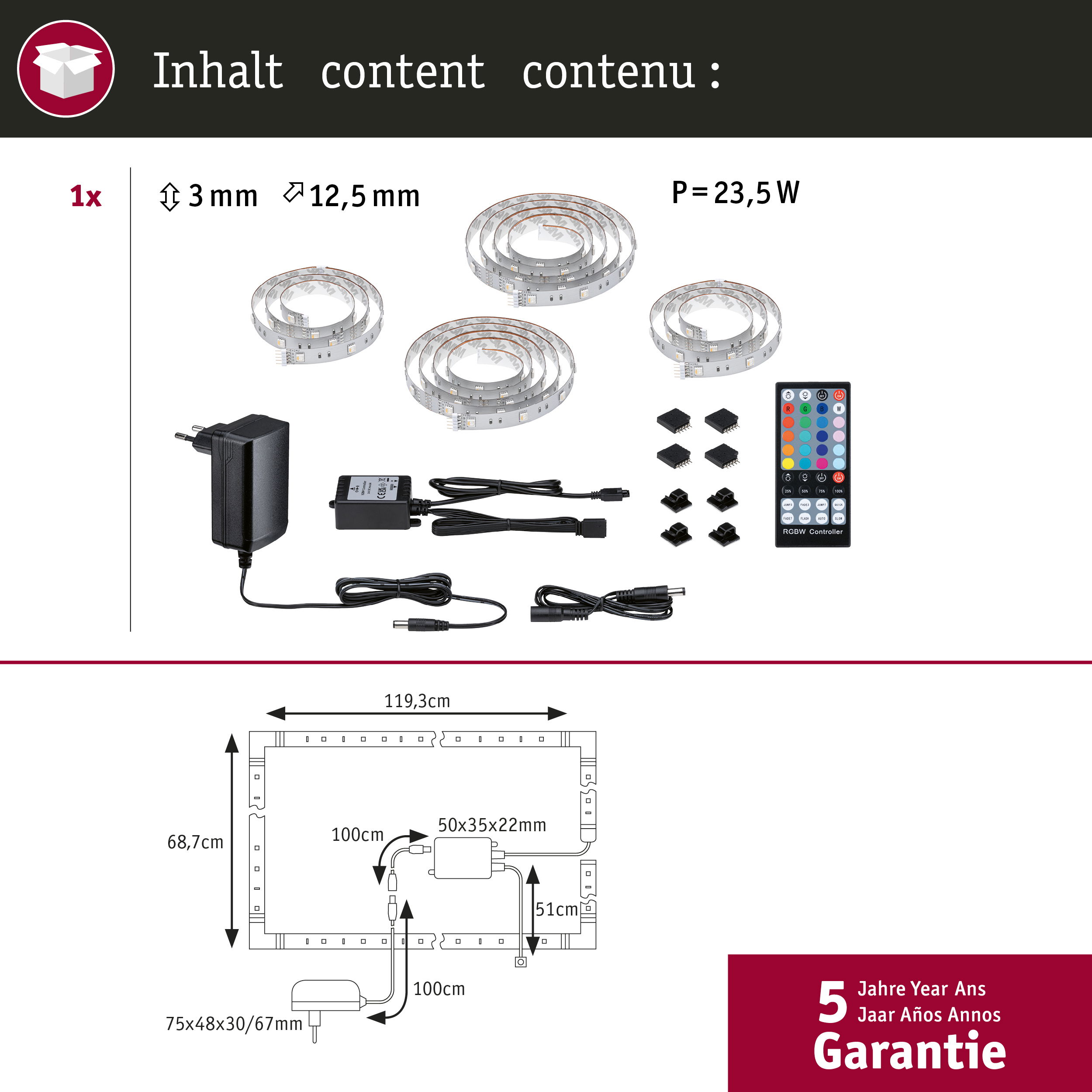 LED-Streifen-Set mit Netzteil, Fernbedienung, Maßen und Garantie.