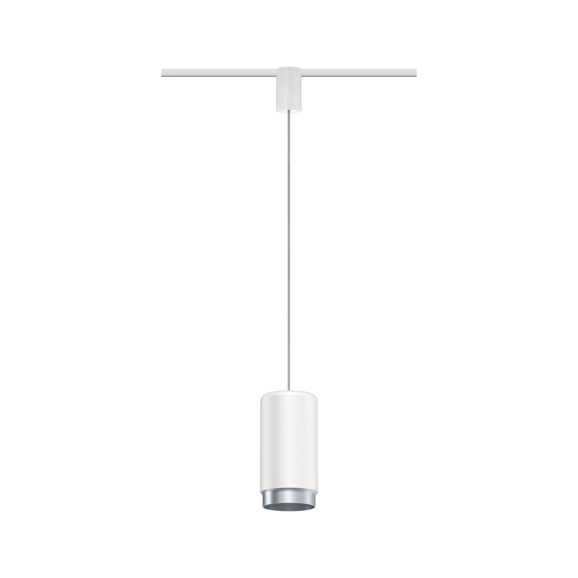 Weiße Pendelleuchte mit silbernem Boden hängt an einem Kabel.