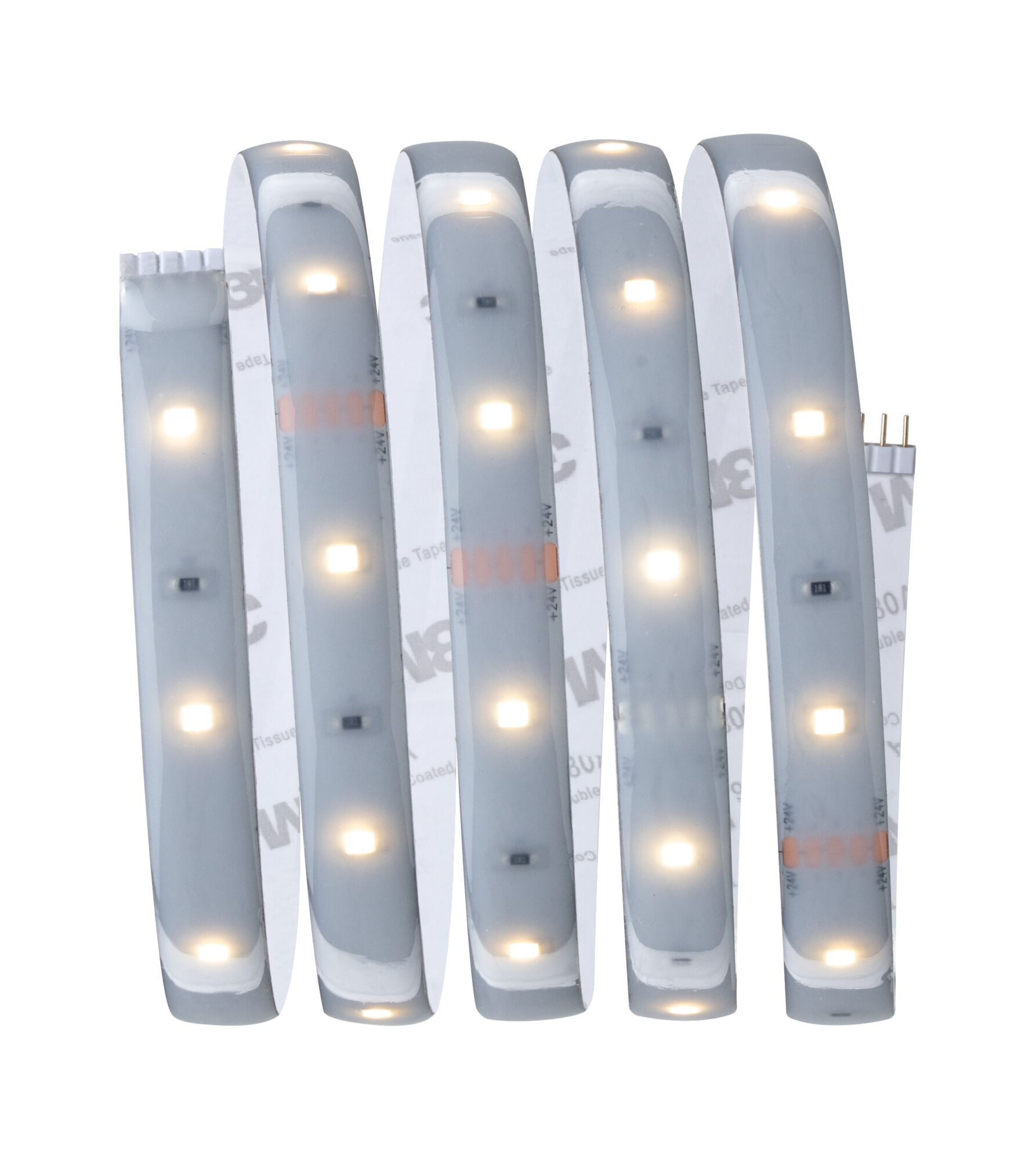 Eine aufgerollte LED-Streifenleiste mit weißen Lichtern und Klebeband auf der Rückseite.