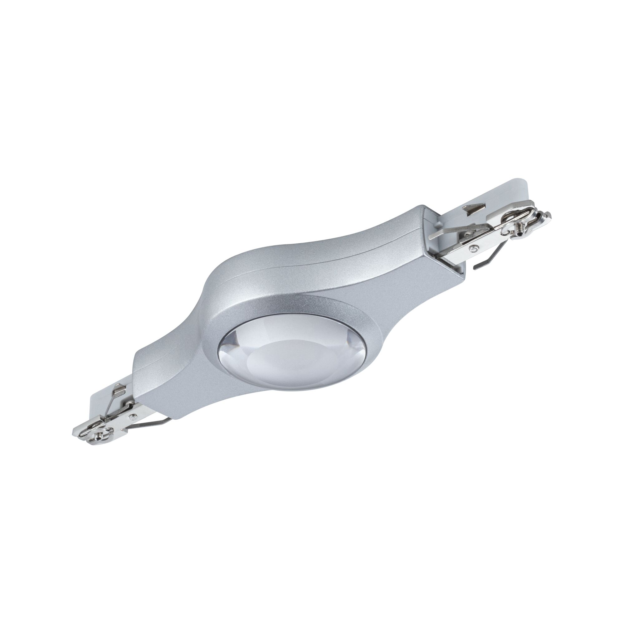 Connettore binario argentato con lente trasparente e clip metalliche.