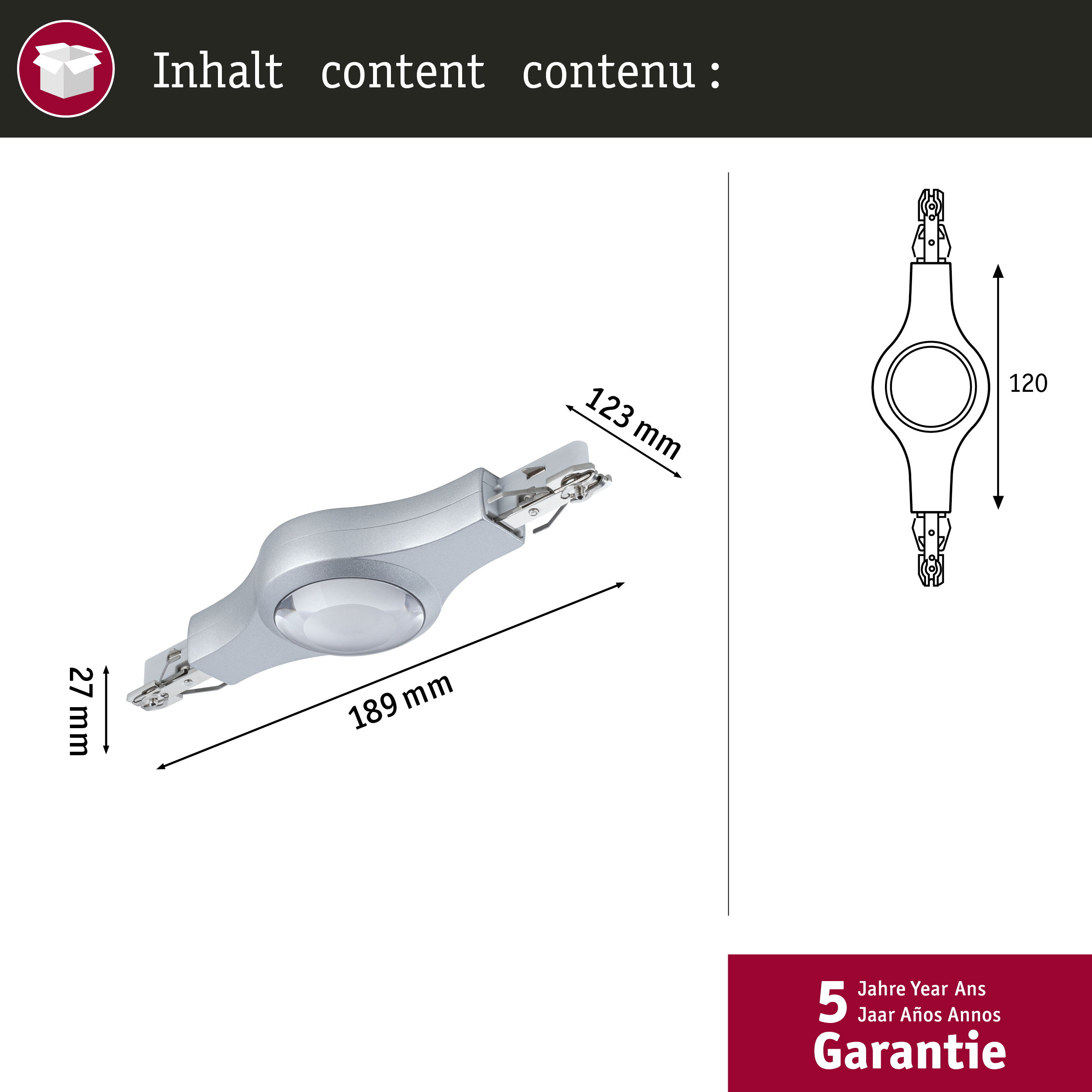 Strumento argentato con dimensioni 189x27x123 mm e schizzo 120 mm.